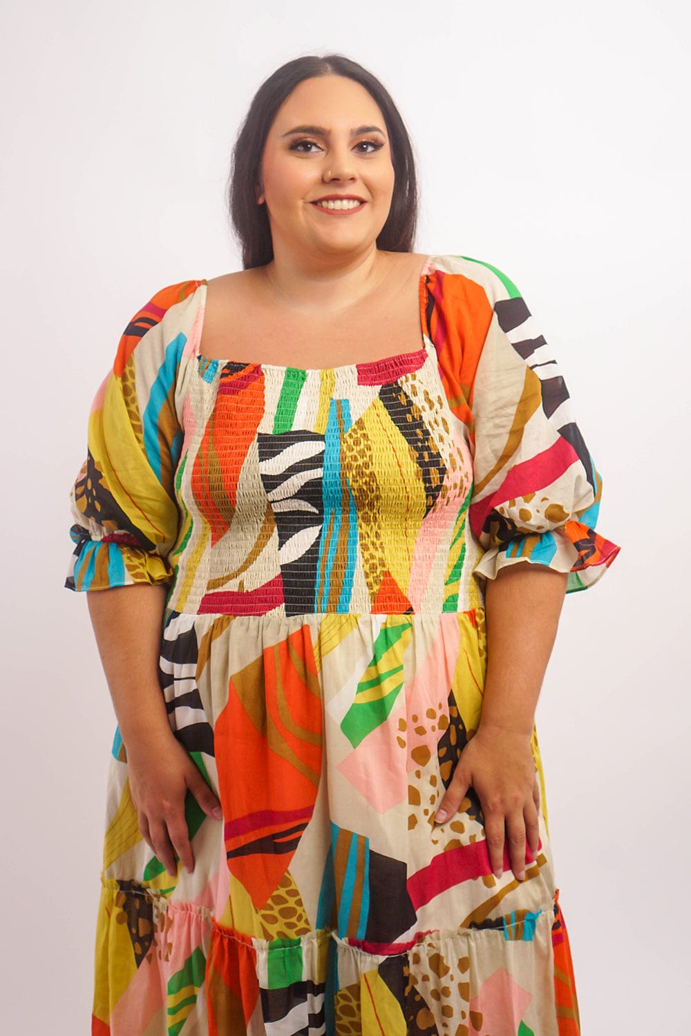 DCD DRESSES Multi U Neck Smocked Top Maxi Dress
