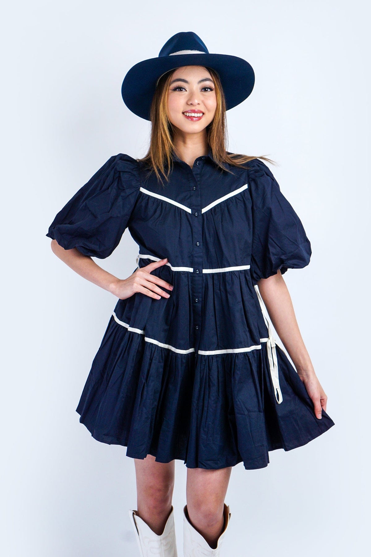 DCD DRESSES Navy Cotton Relax Shirred White Piped Dress