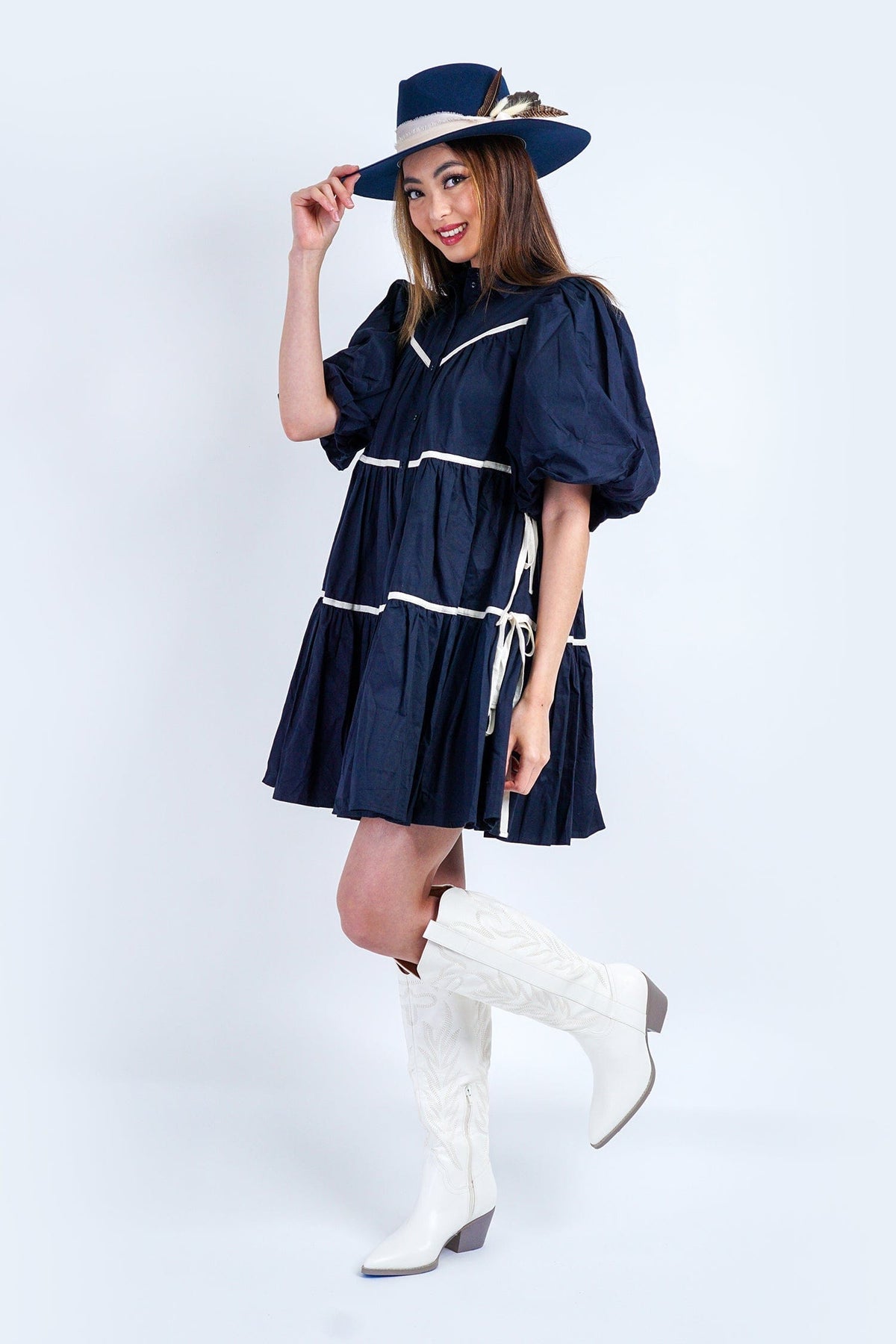 DCD DRESSES Navy Cotton Relax Shirred White Piped Dress