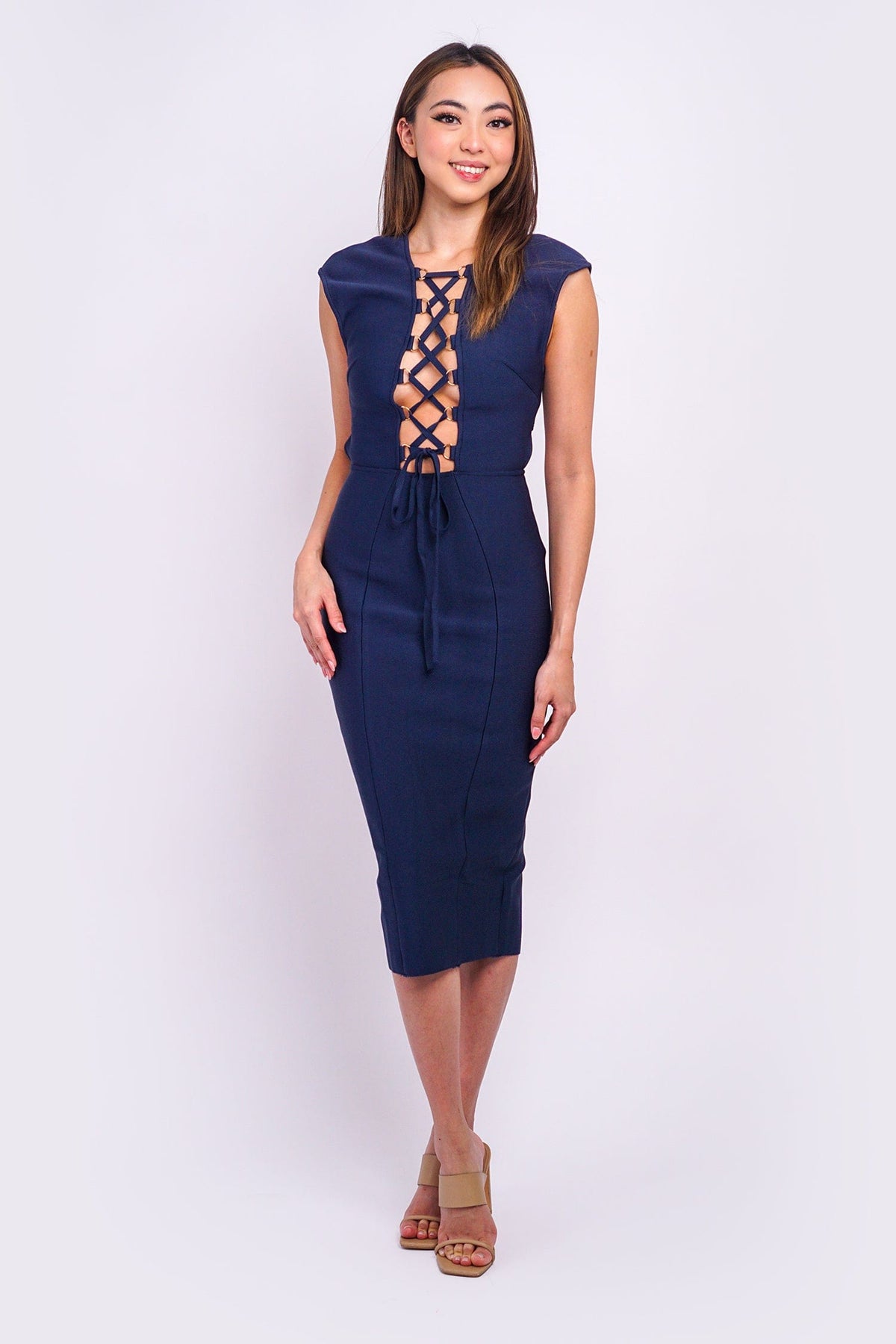 DCD DRESSES Navy Lace-up Front Bodycon Midi Dress