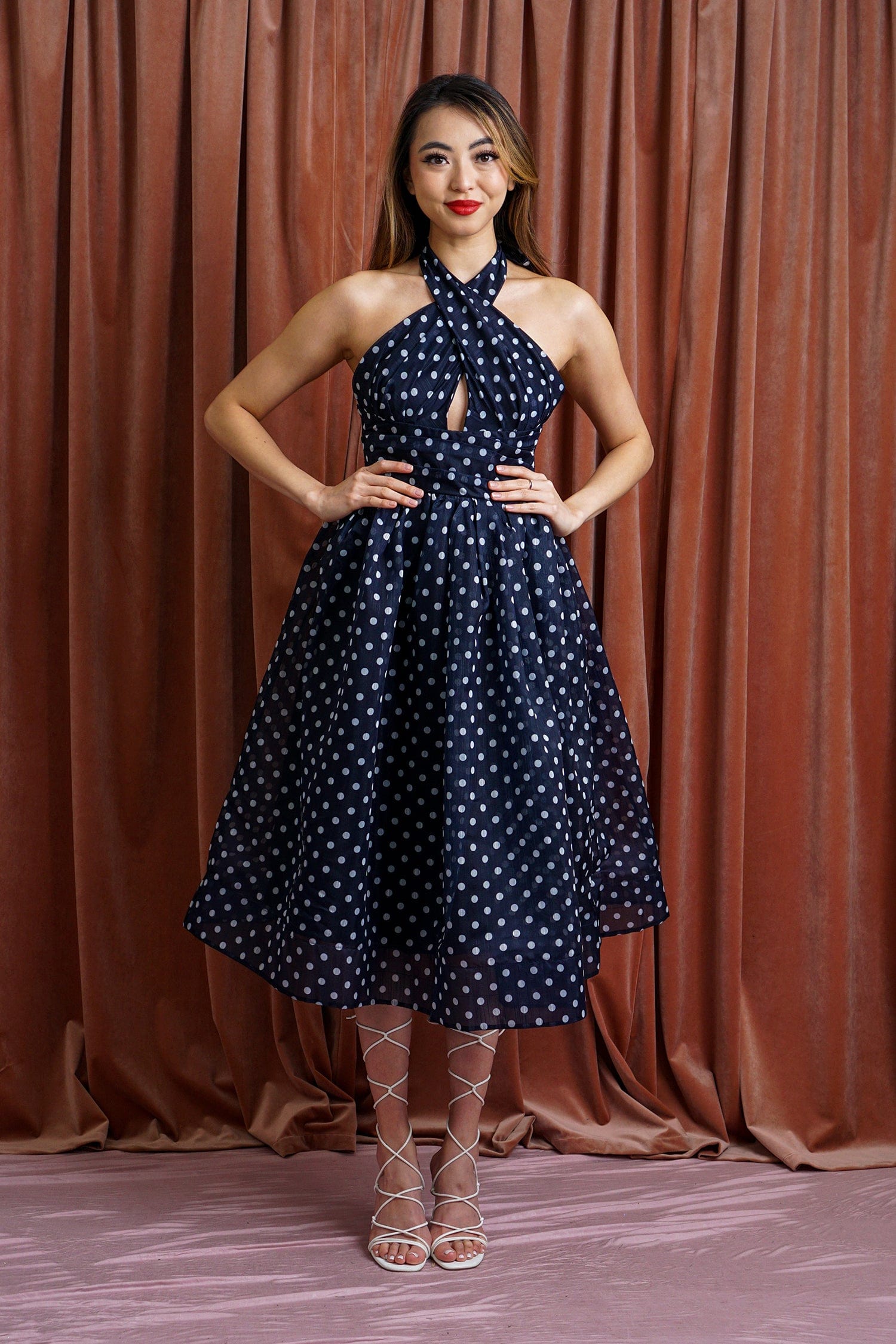 DCD DRESSES Navy White Polka Dot Flared Dress