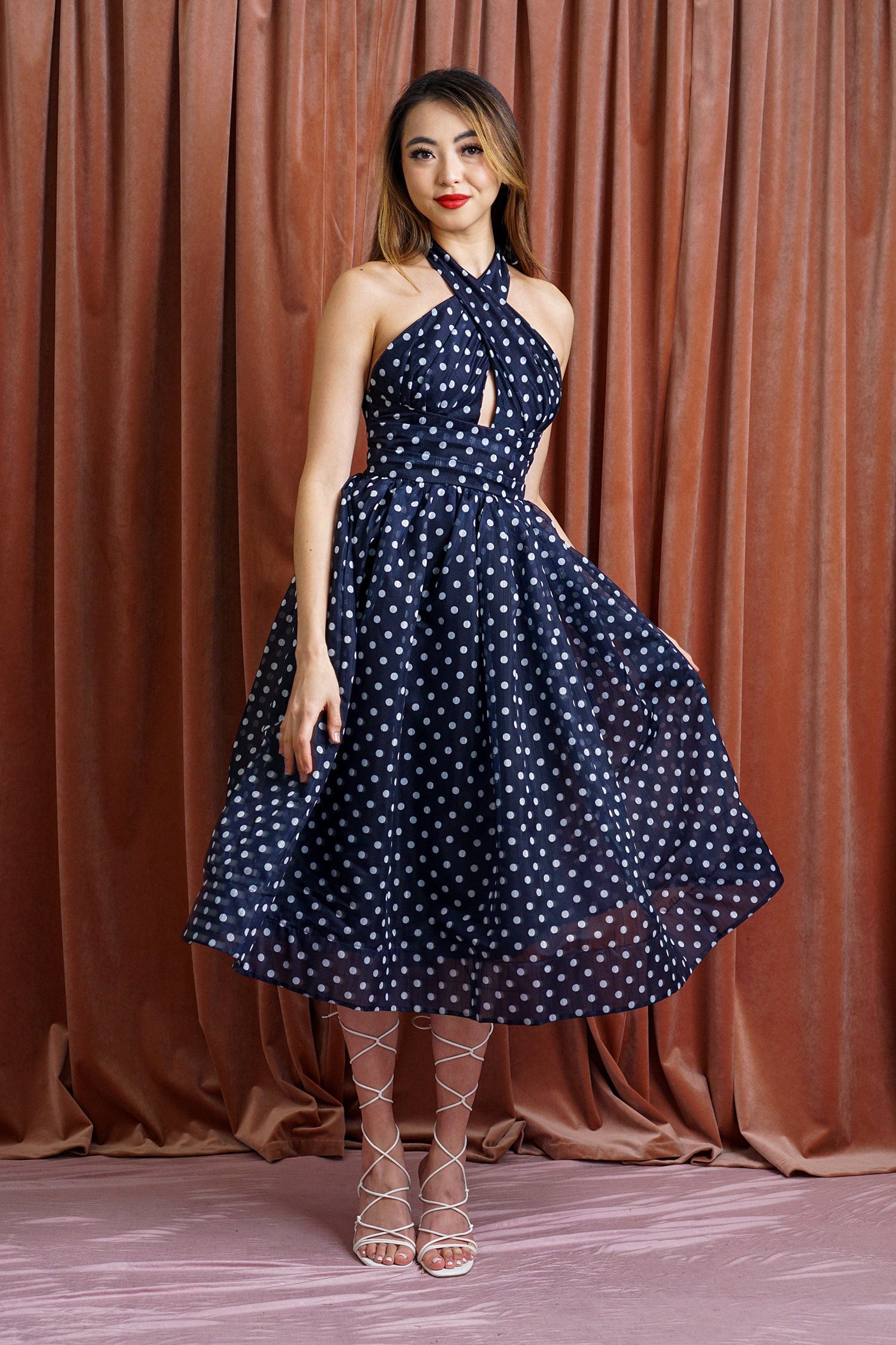 DCD DRESSES Navy White Polka Dot Flared Dress