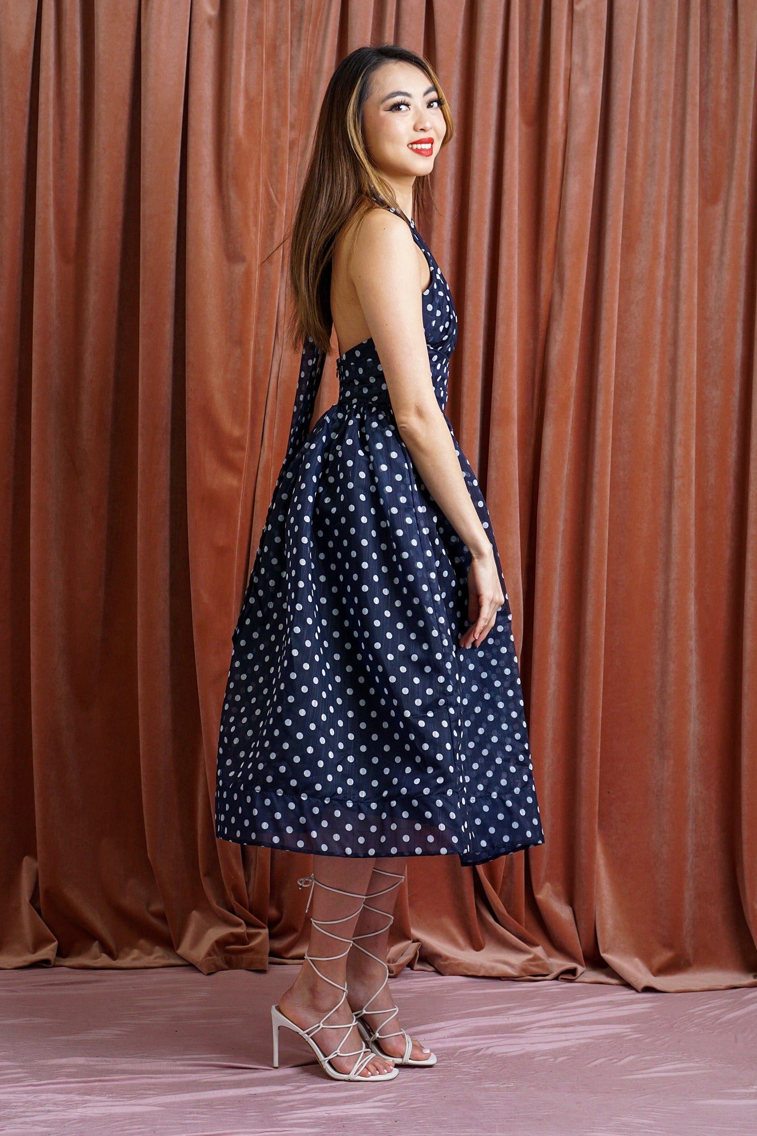 DCD DRESSES Navy White Polka Dot Flared Dress