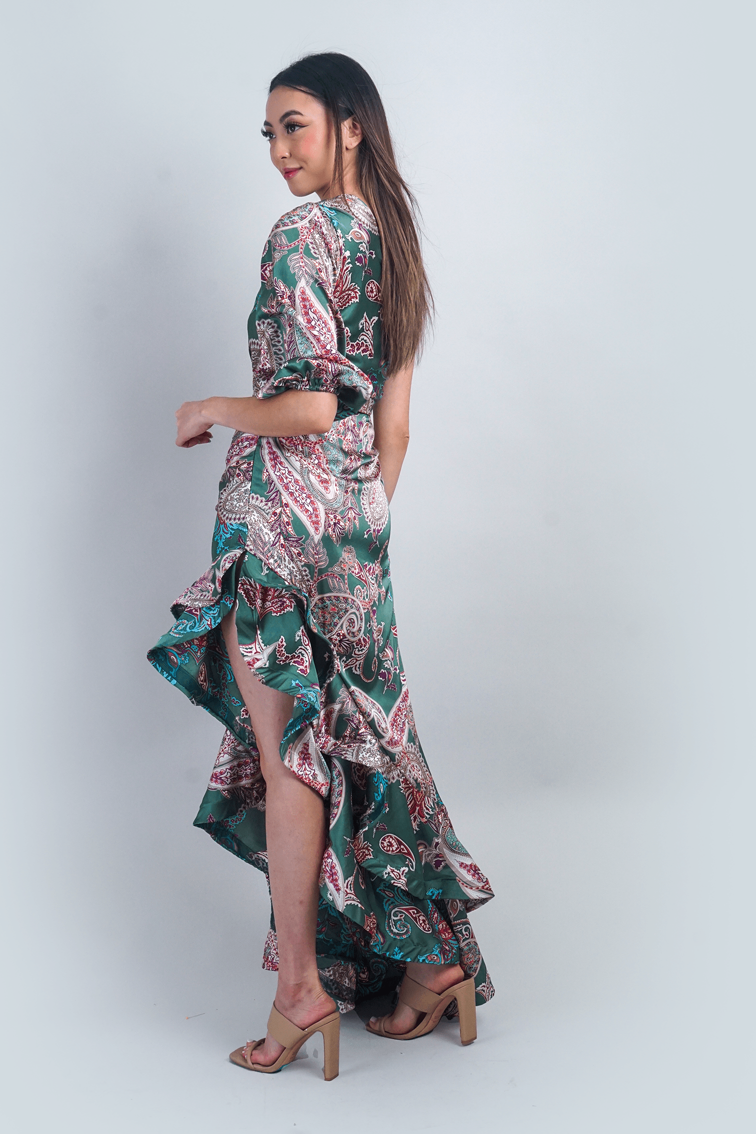 DCD DRESSES Paisley One Shoulder Ruffle Maxi Dress