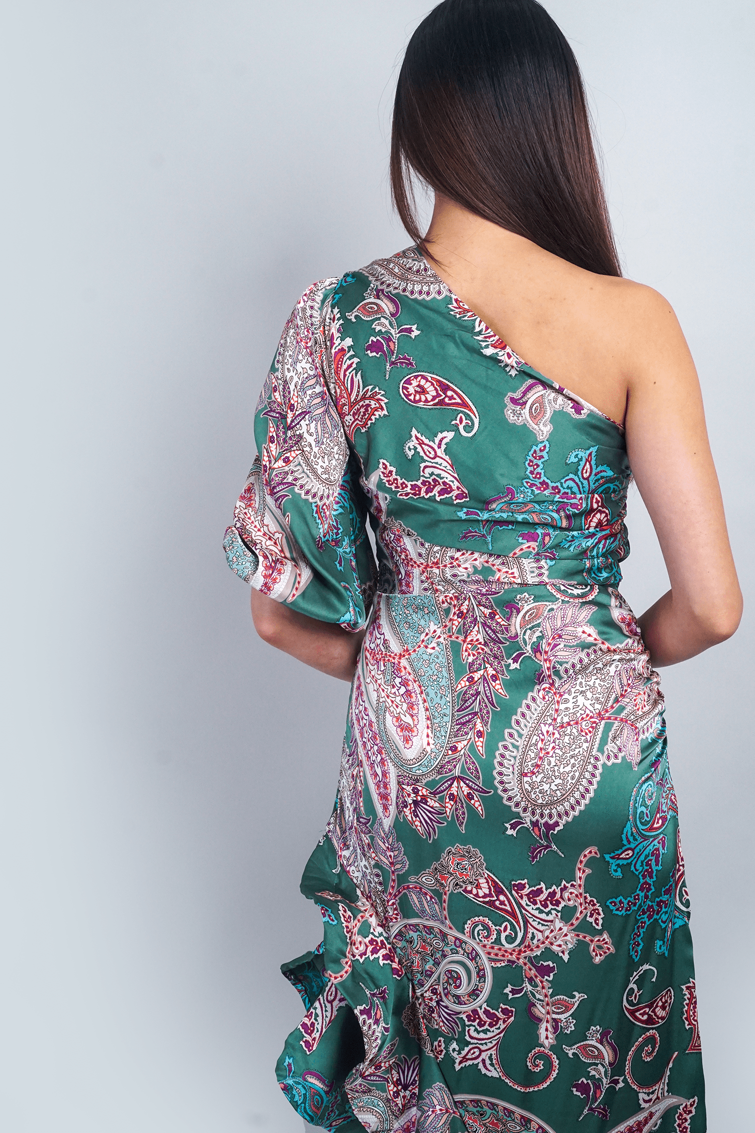 DCD DRESSES Paisley One Shoulder Ruffle Maxi Dress
