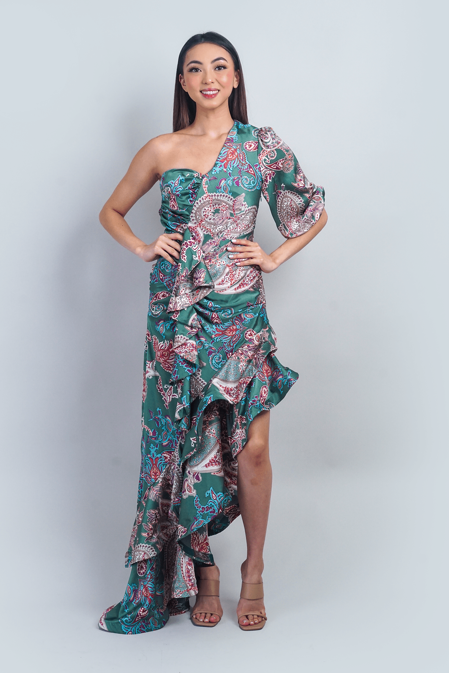 DCD DRESSES Paisley One Shoulder Ruffle Maxi Dress