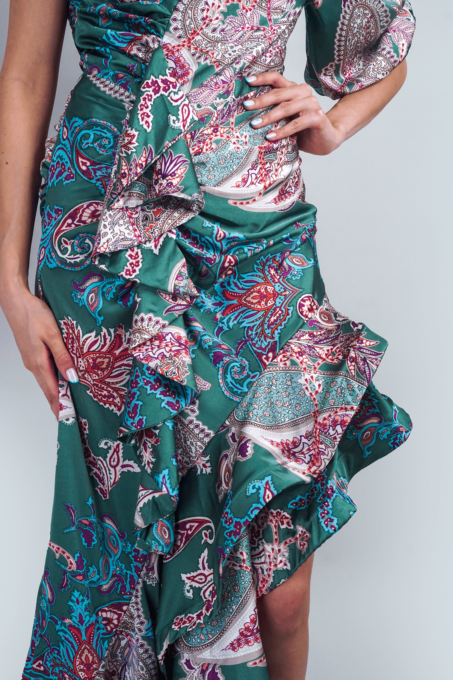 DCD DRESSES Paisley One Shoulder Ruffle Maxi Dress