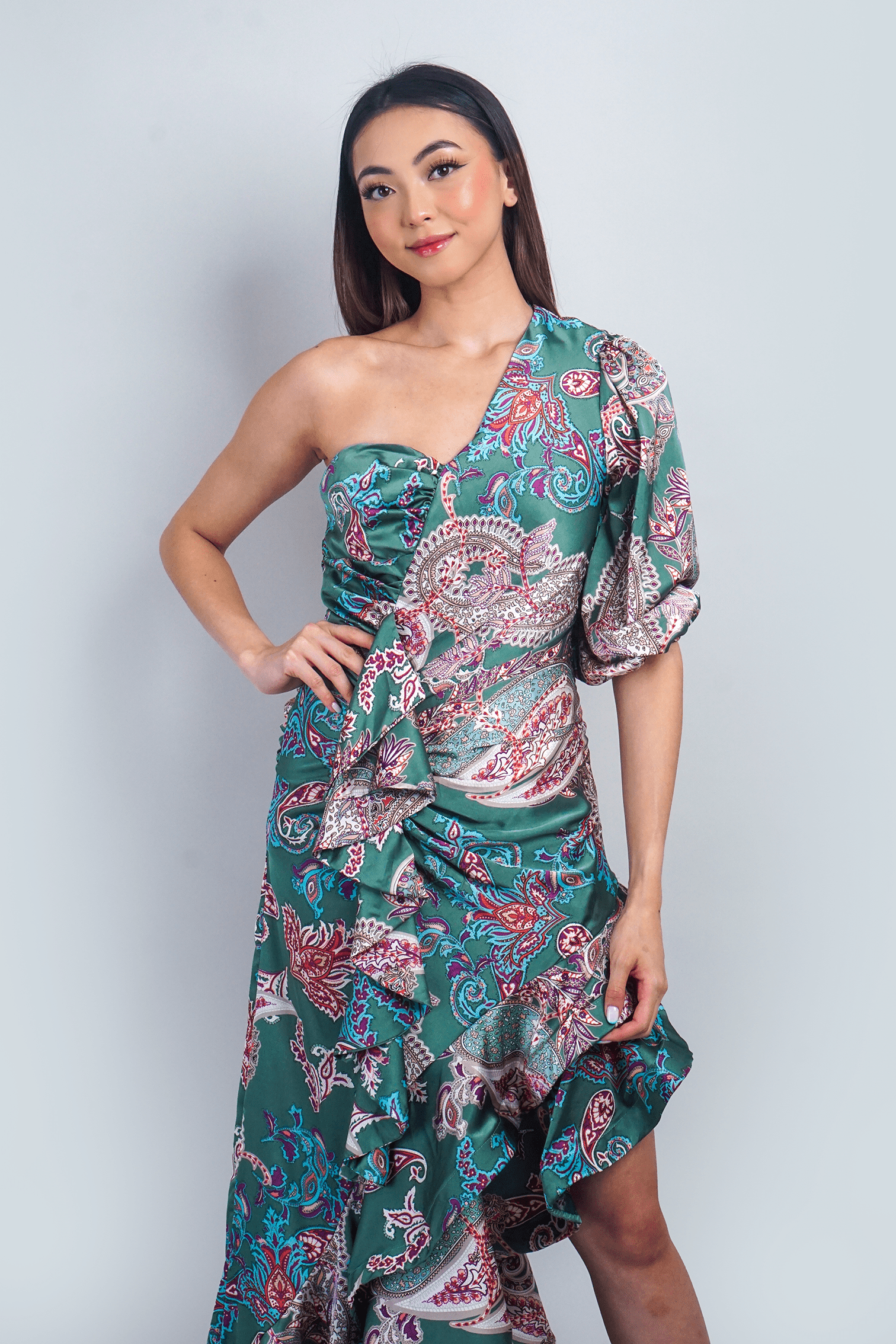 DCD DRESSES Paisley One Shoulder Ruffle Maxi Dress