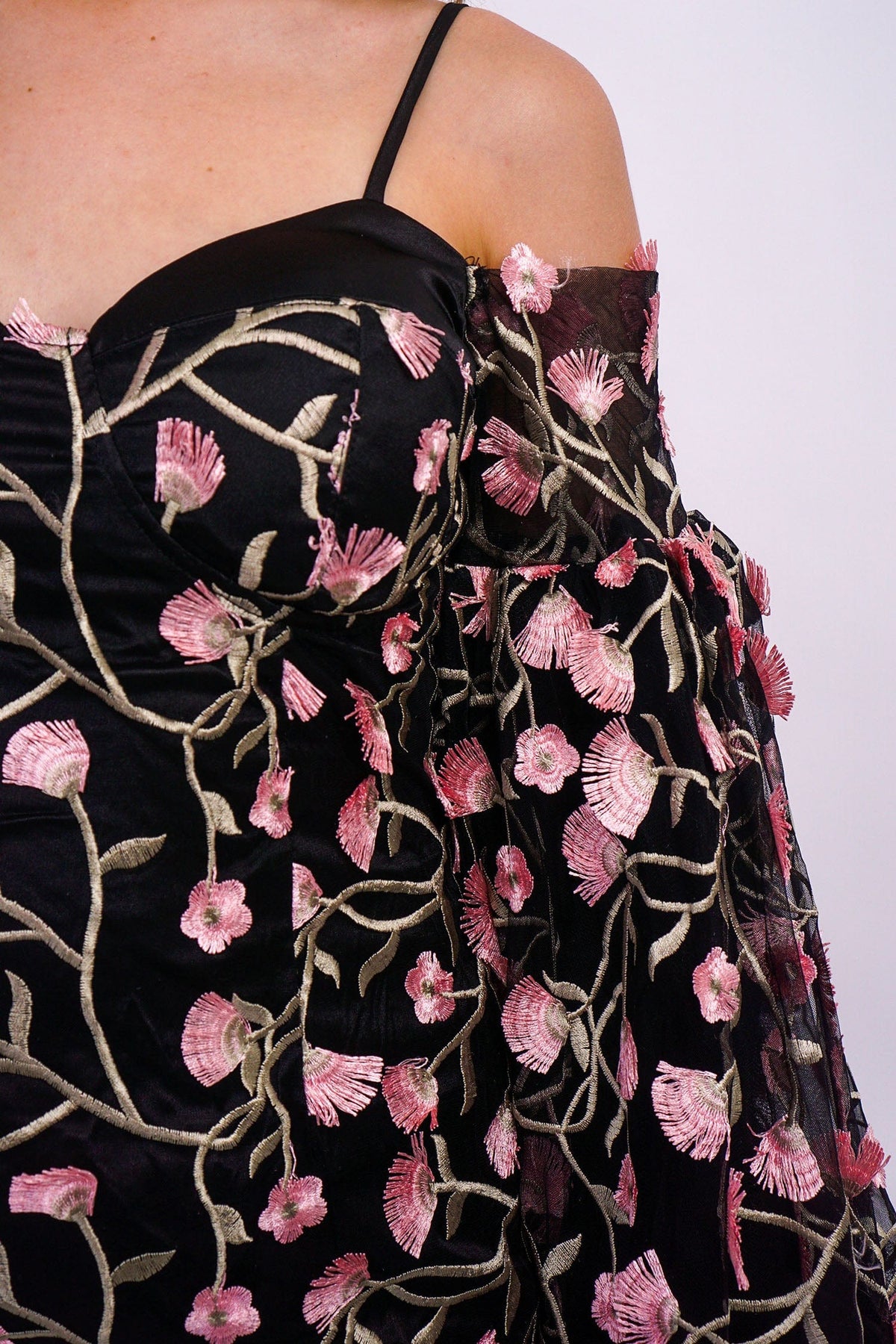 DCD DRESSES Pink Black 3D Floral Off Shld Dress