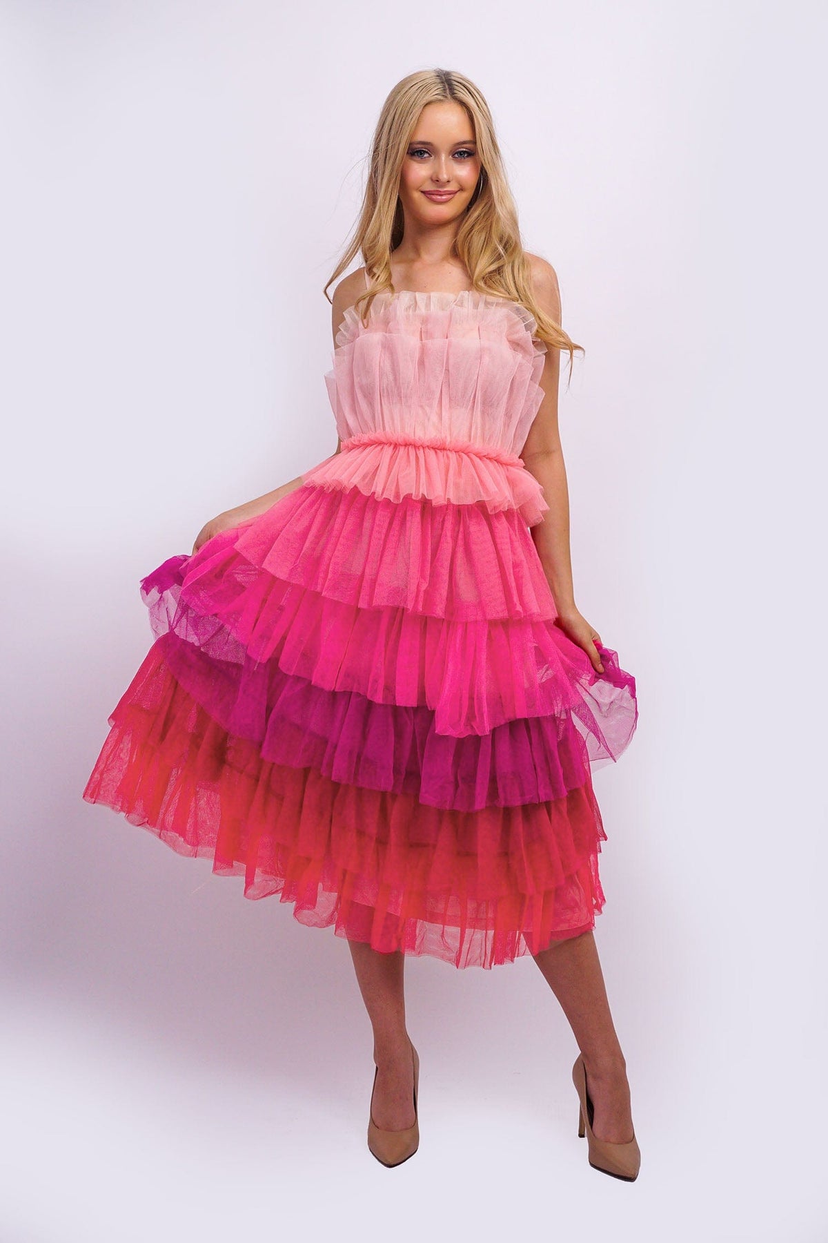 DCD DRESSES Pink Multi Tiers Strapless Midi Dress