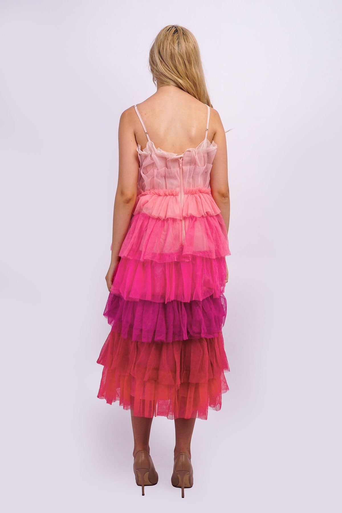 DCD DRESSES Pink Multi Tiers Strapless Midi Dress