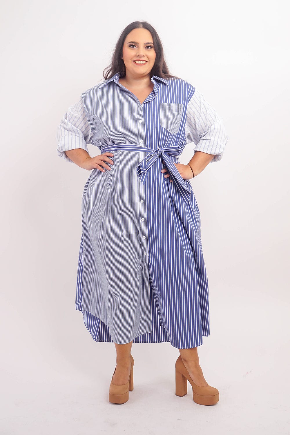 DCD DRESSES Plus Blue White Loose Shirt  Maxi Dress