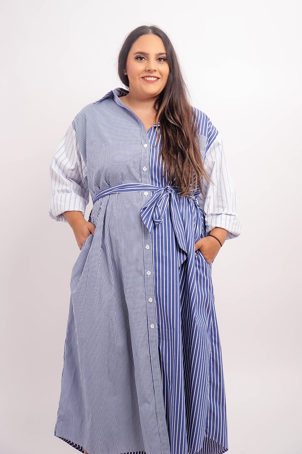 DCD DRESSES Plus Blue White Loose Shirt  Maxi Dress