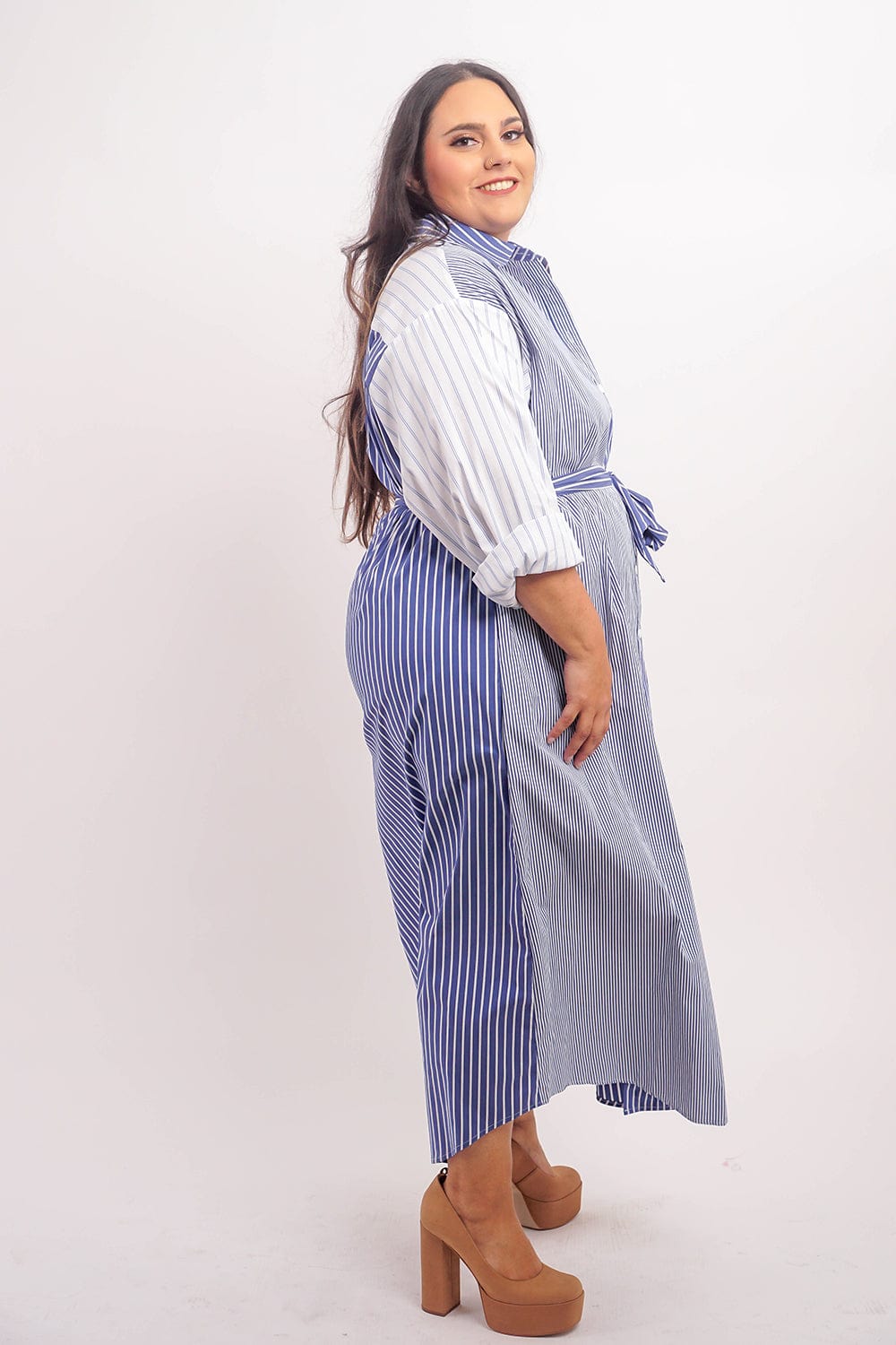 DCD DRESSES Plus Blue White Loose Shirt  Maxi Dress