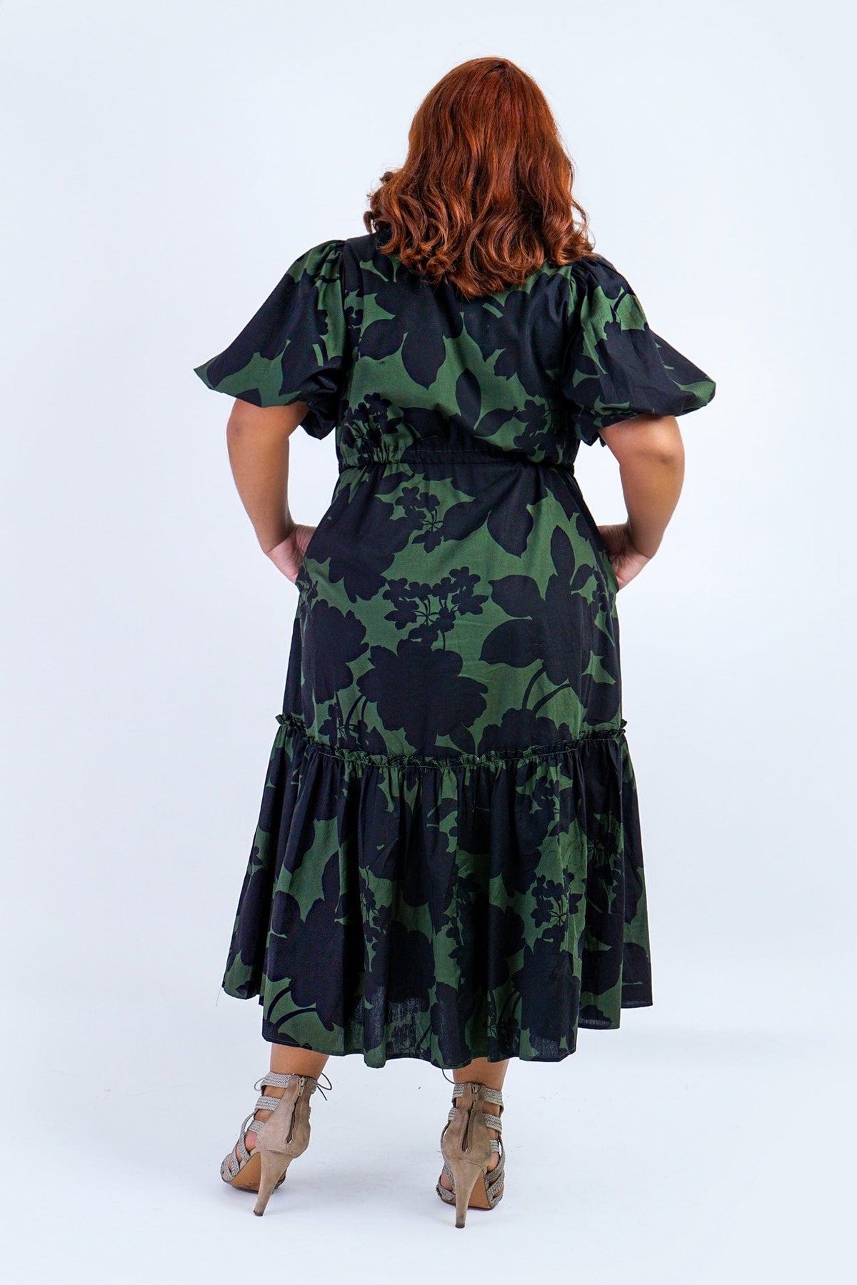 DCD DRESSES Plus Emerald and Black Floral Midi Dress