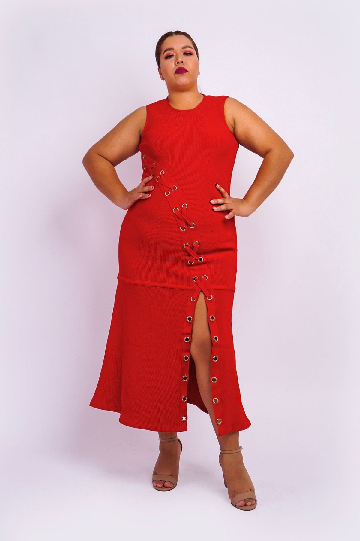 DCD DRESSES Plus Red Grommet Lace Up Dress Maxi