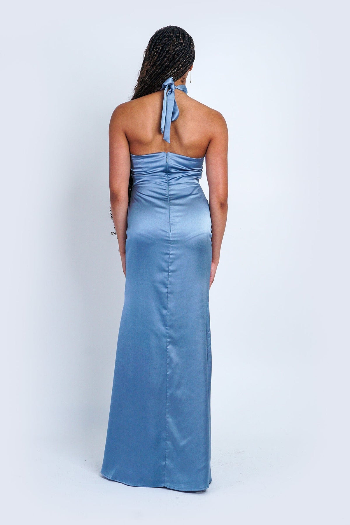 DCD DRESSES Powder Blue Satin Halter Gown