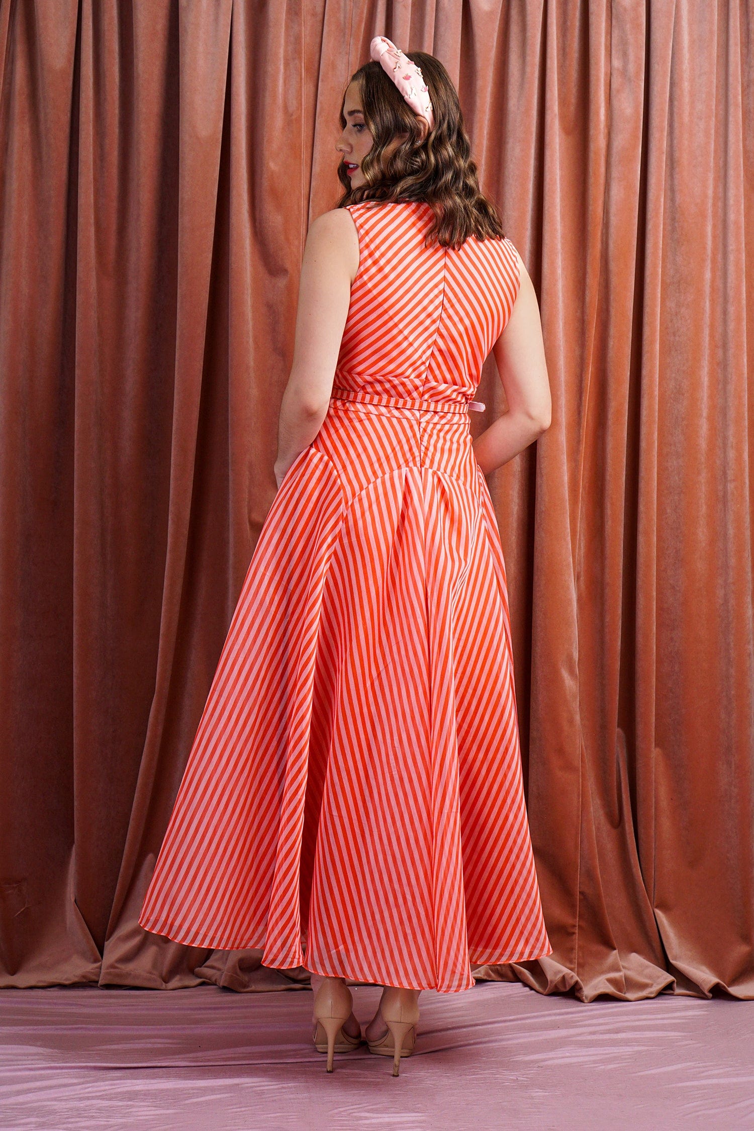 DCD DRESSES Red/ blush Stripe Organza Midi Dress