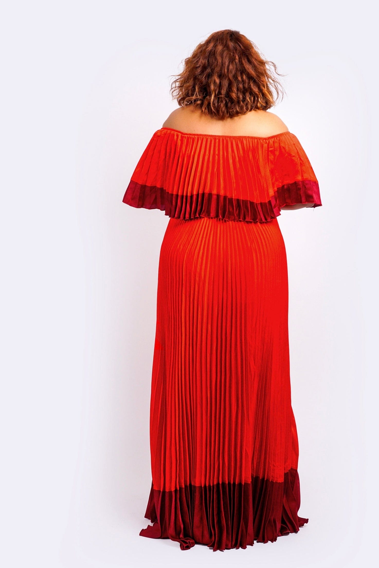 DCD DRESSES Red/Burgundy Block Off Shoulder Pleats Dress