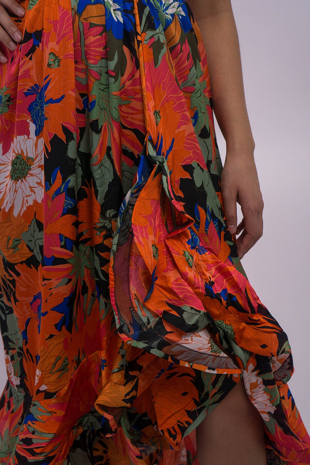 DCD DRESSES Red Flower Print Strap Ruffle Layerd Dress