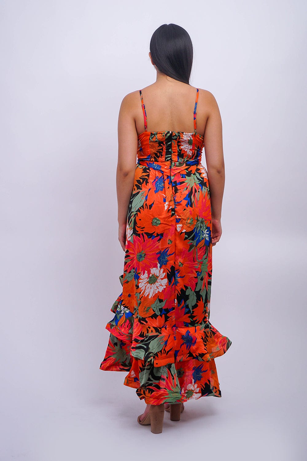 DCD DRESSES Red Flower Print Strap Ruffle Layerd Dress