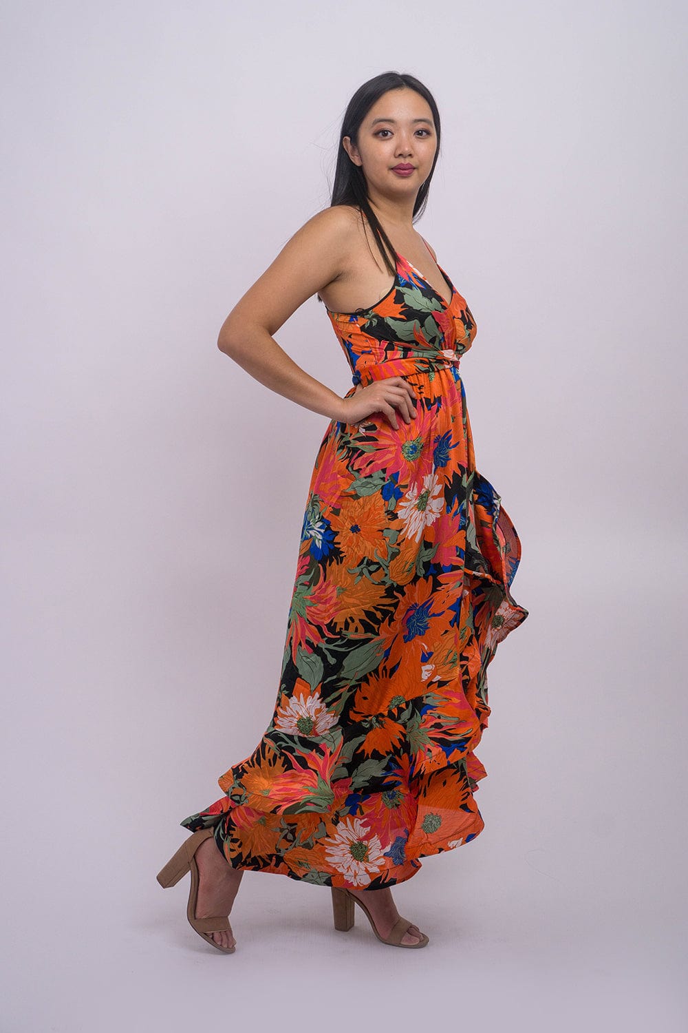 DCD DRESSES Red Flower Print Strap Ruffle Layerd Dress