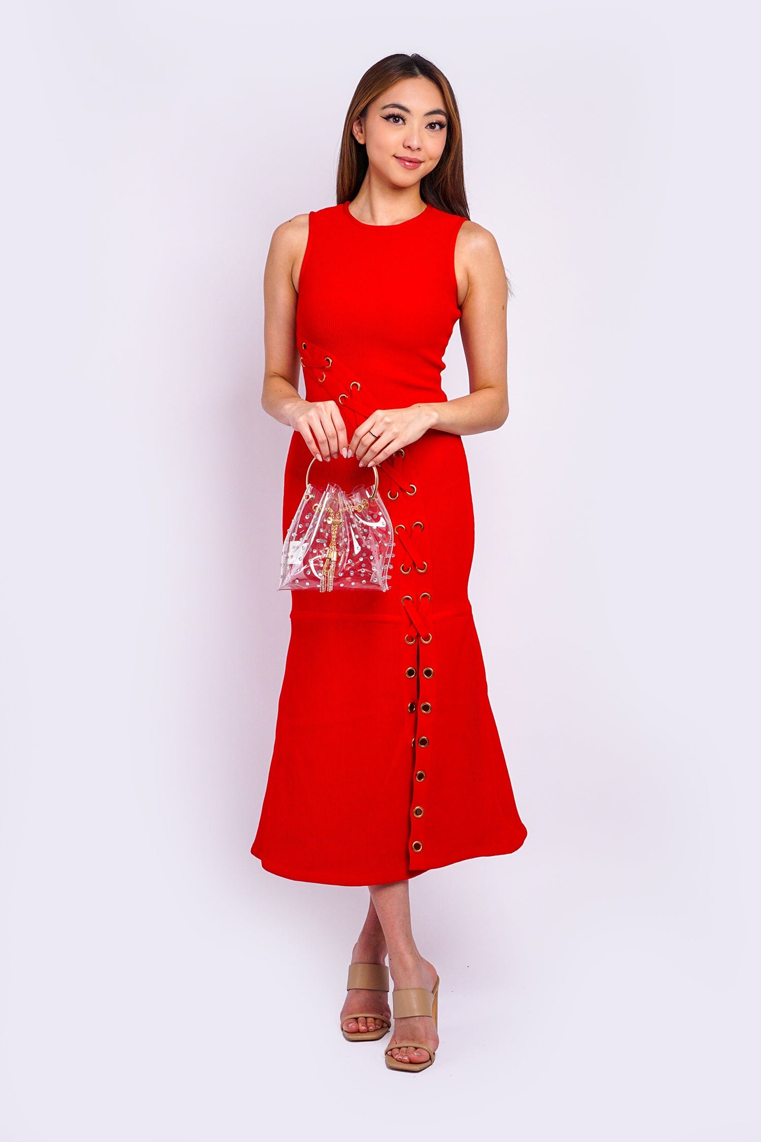 DCD DRESSES Red Grommet Lace Up Knit Dress