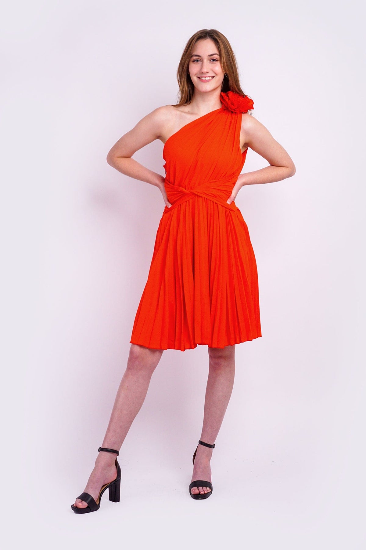 DCD DRESSES Red One Shoulder Pleated Dress