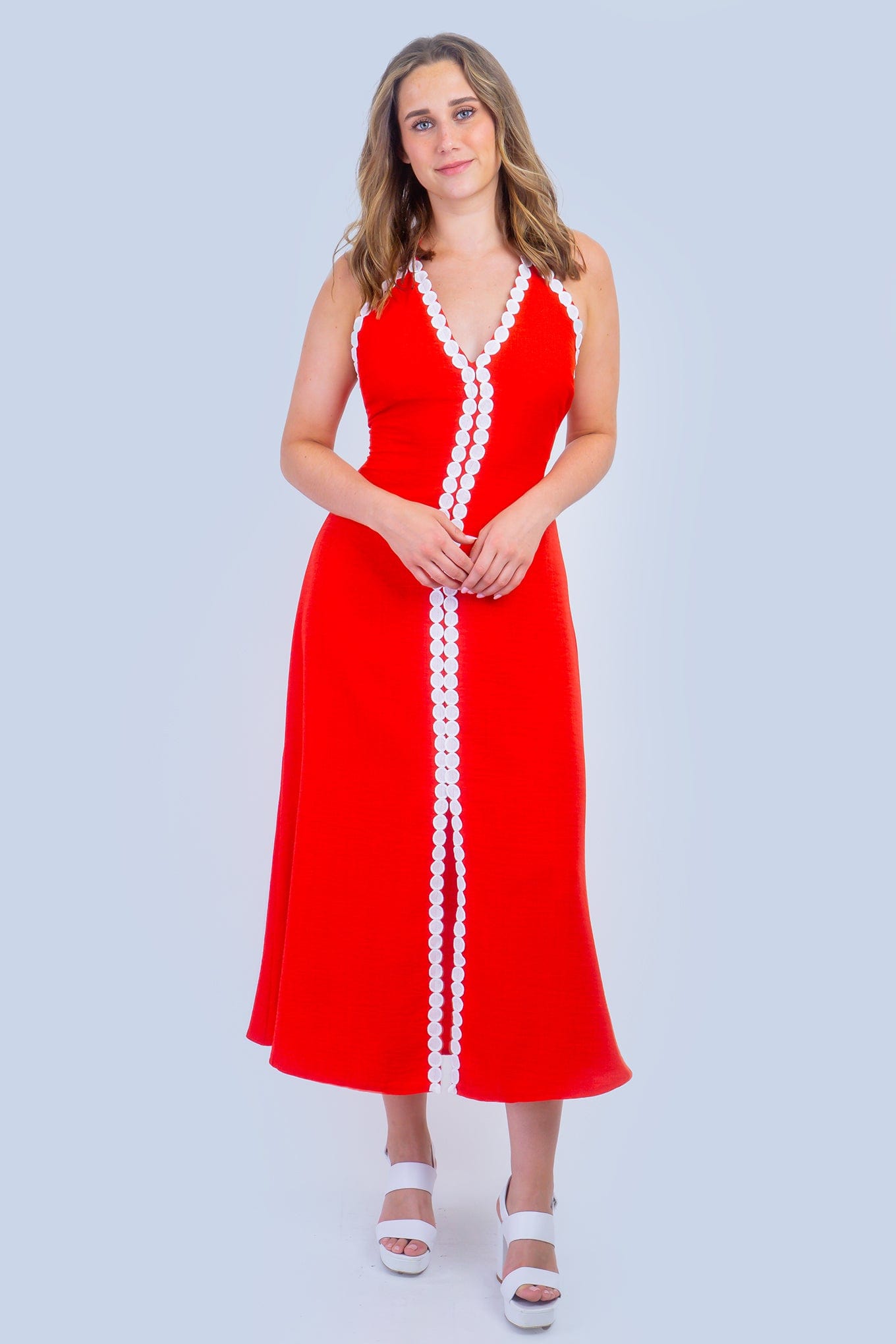 DCD DRESSES Red White Trim Halter Dress