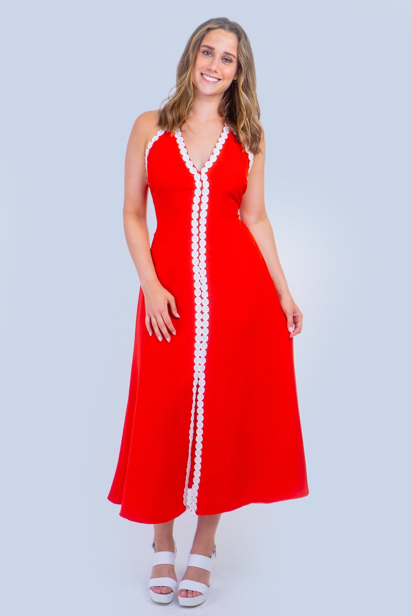 DCD DRESSES Red White Trim Halter Dress