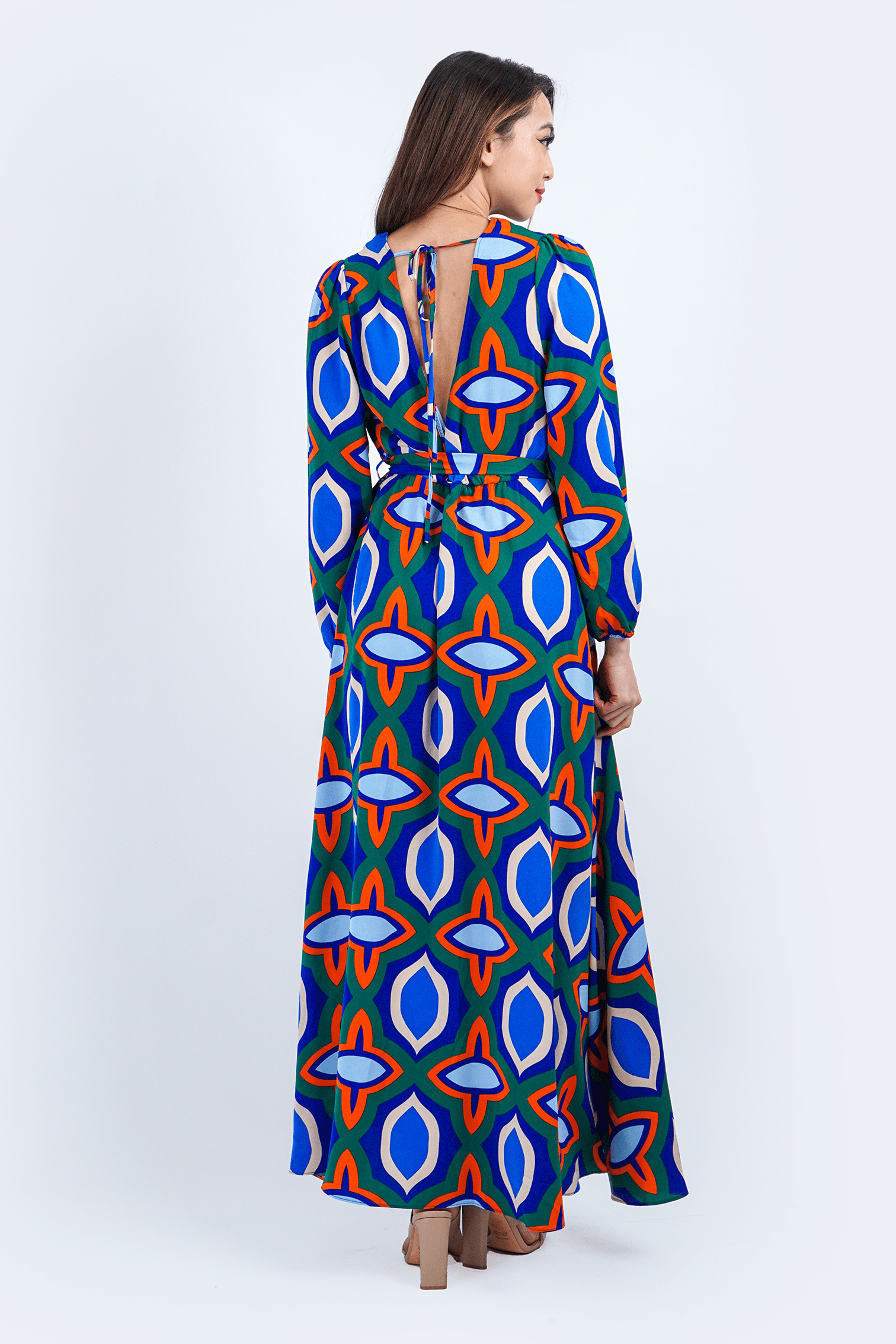 DCD DRESSES Royal Blue Multicolor Abstract Print L/S Maxi Dress