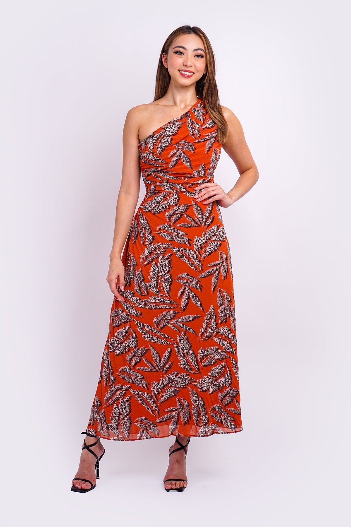 DCD DRESSES Rust Leaf Print Pleated One Shoulder Midi Dress