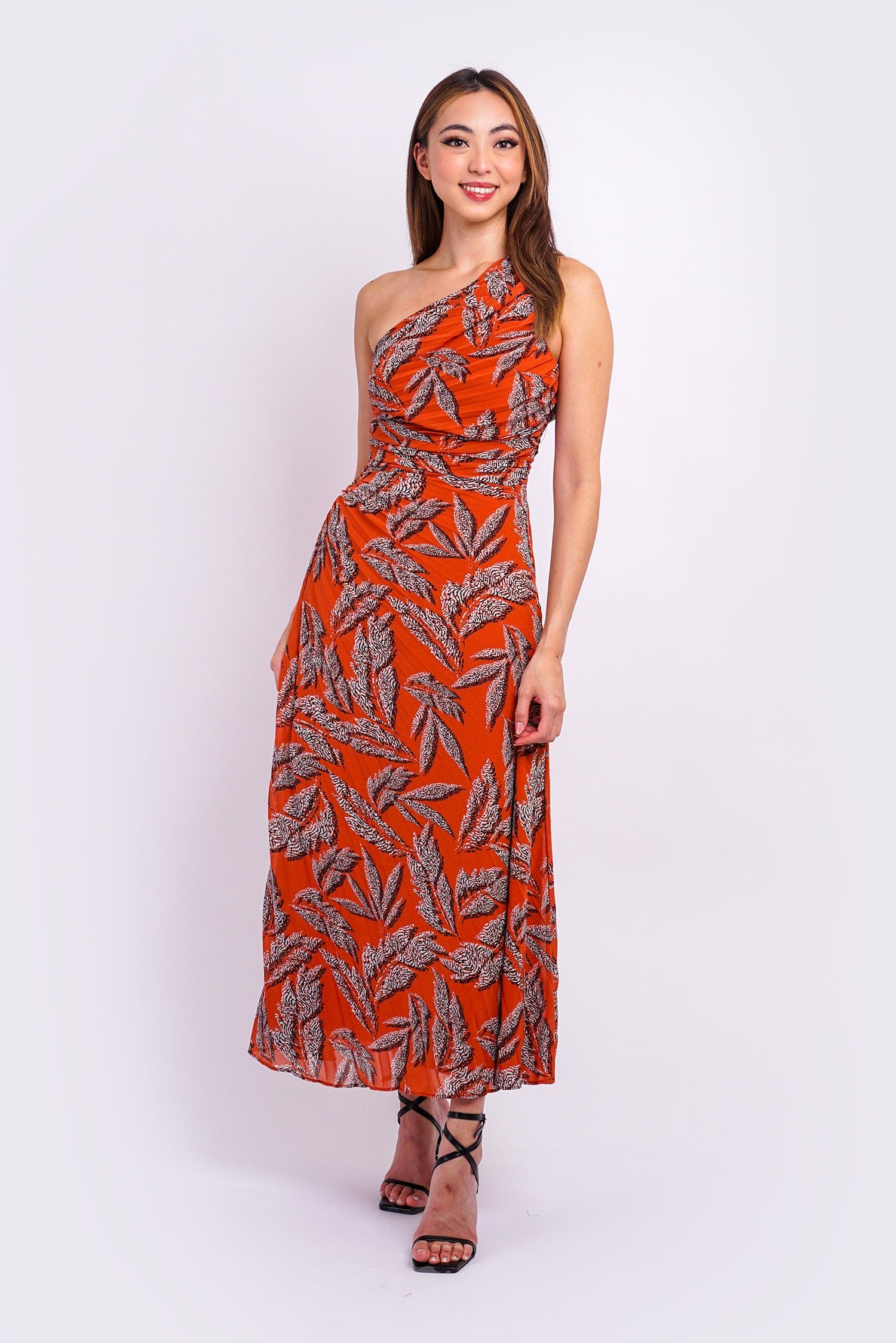 DCD DRESSES Rust Leaf Print Pleated One Shoulder Midi Dress