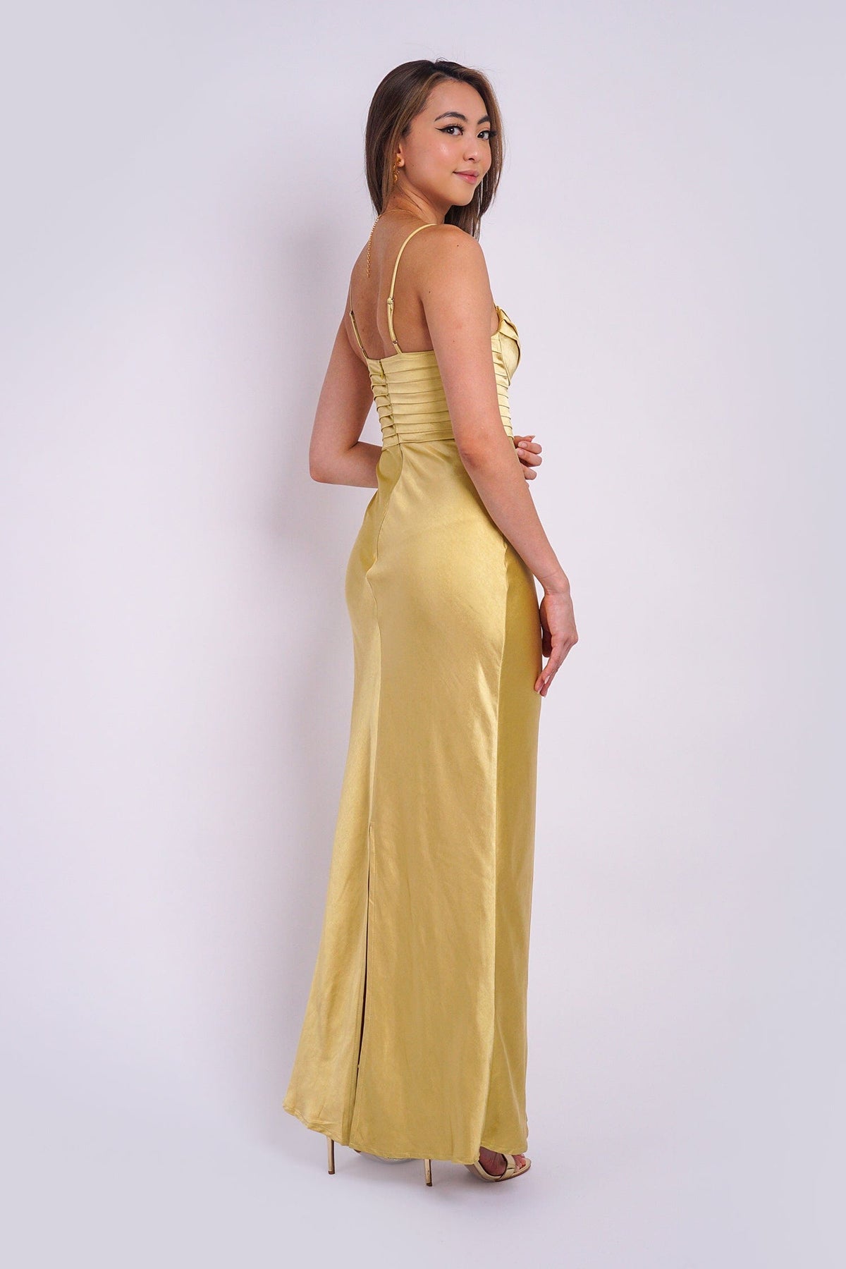 DCD DRESSES Satin Gold Pleated Sweetheart Gown
