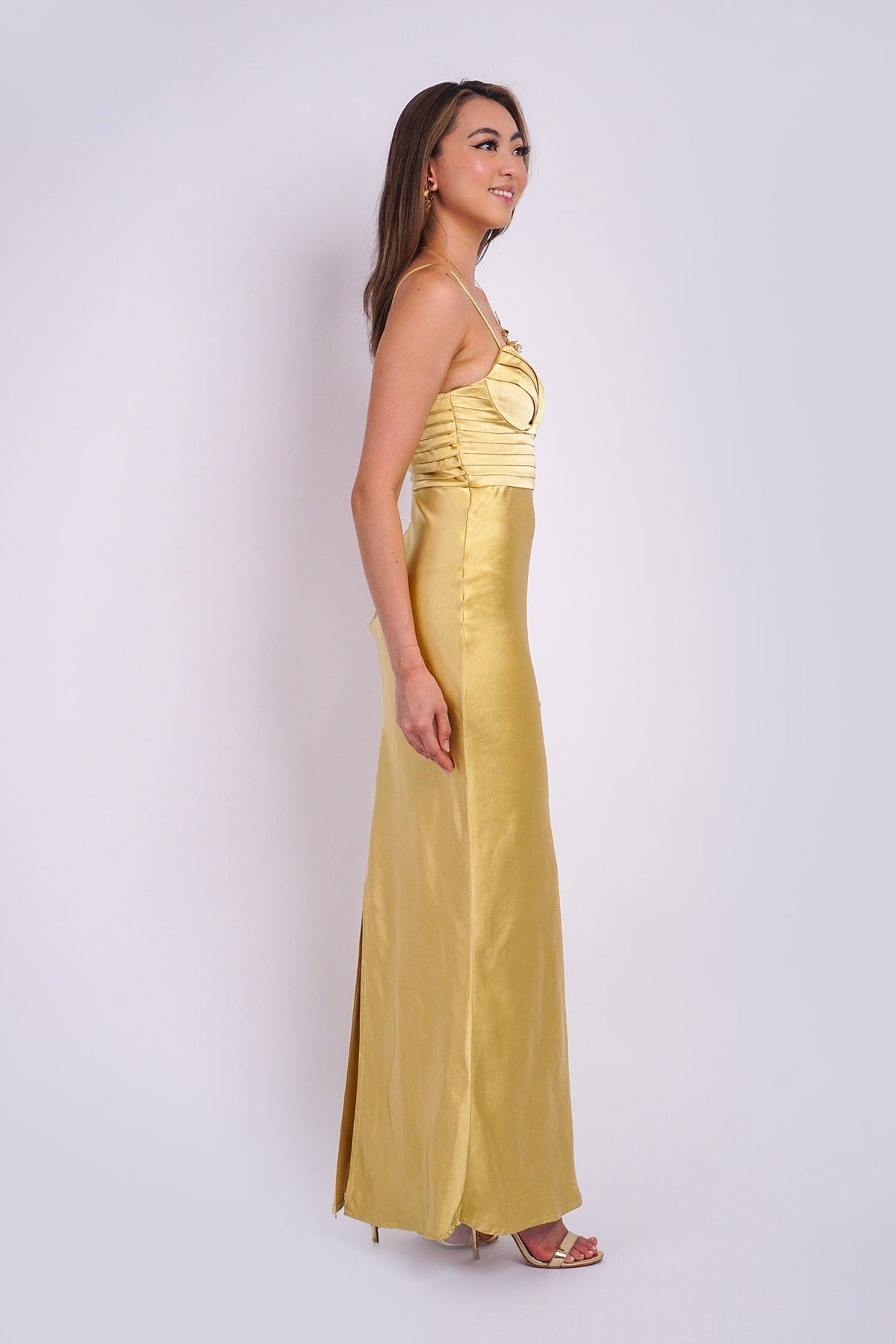 DCD DRESSES Satin Gold Pleated Sweetheart Gown