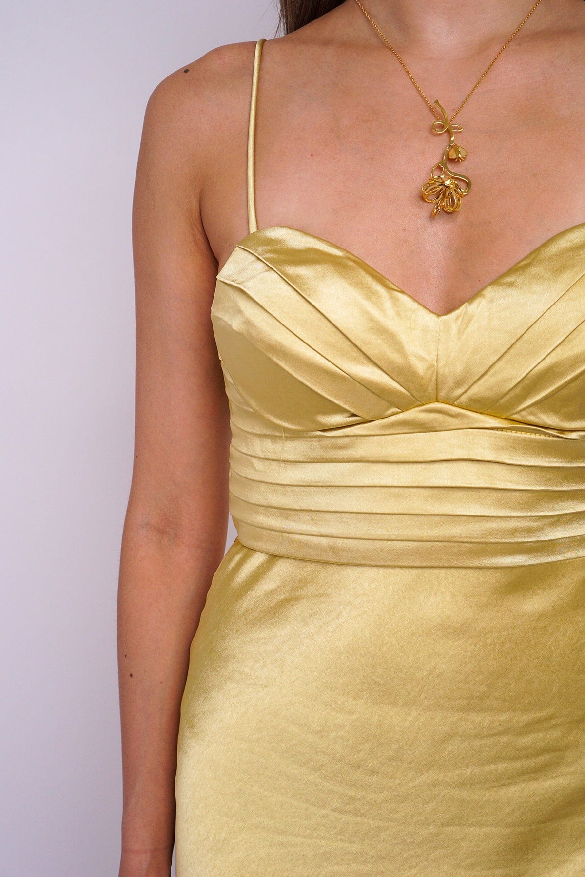 DCD DRESSES Satin Gold Pleated Sweetheart Gown