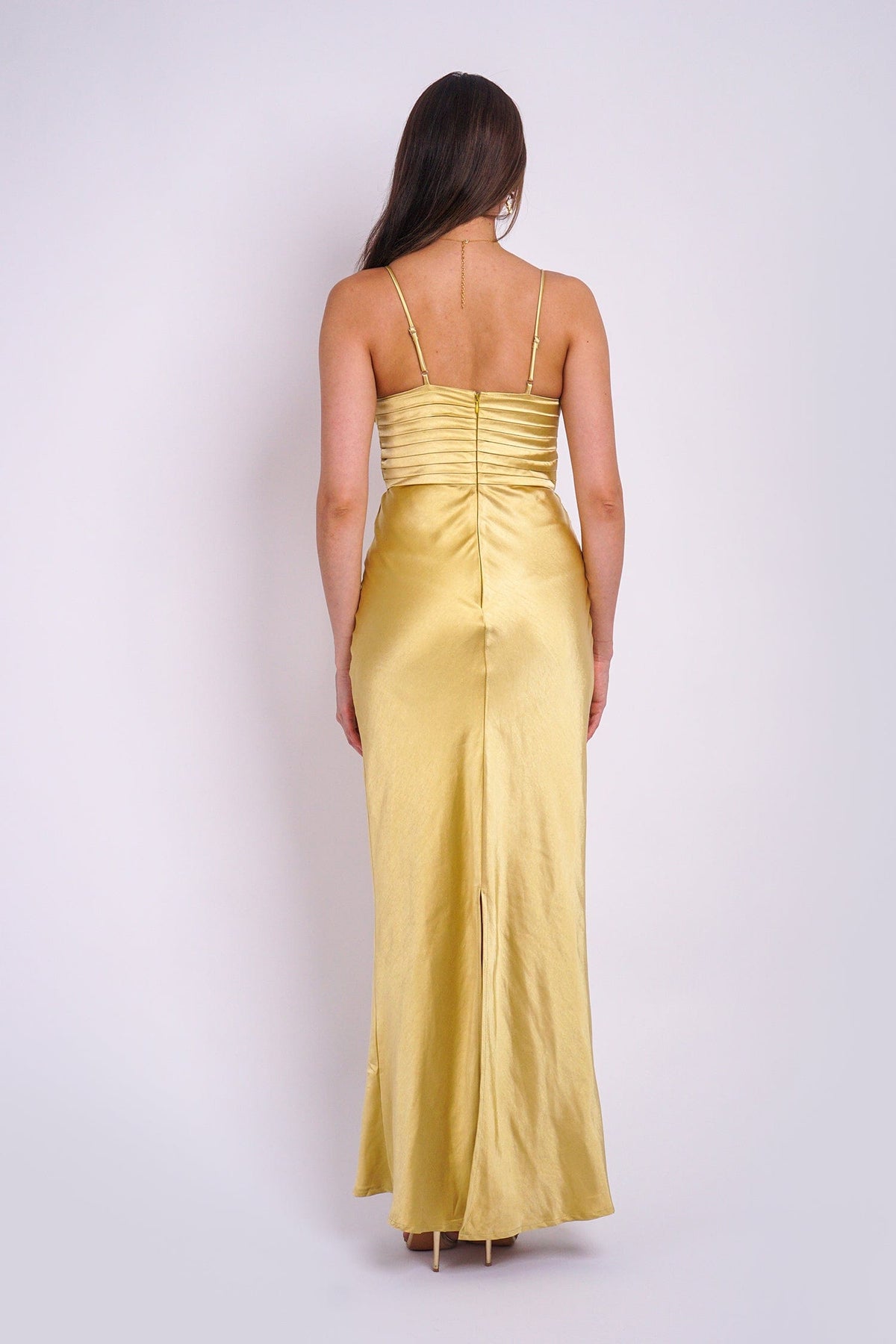 DCD DRESSES Satin Gold Pleated Sweetheart Gown