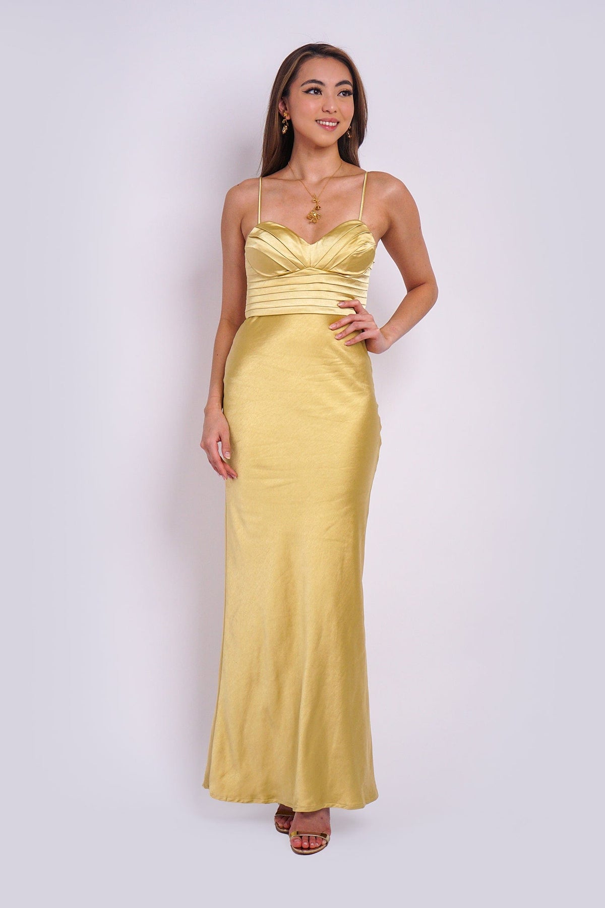 DCD DRESSES Satin Gold Pleated Sweetheart Gown