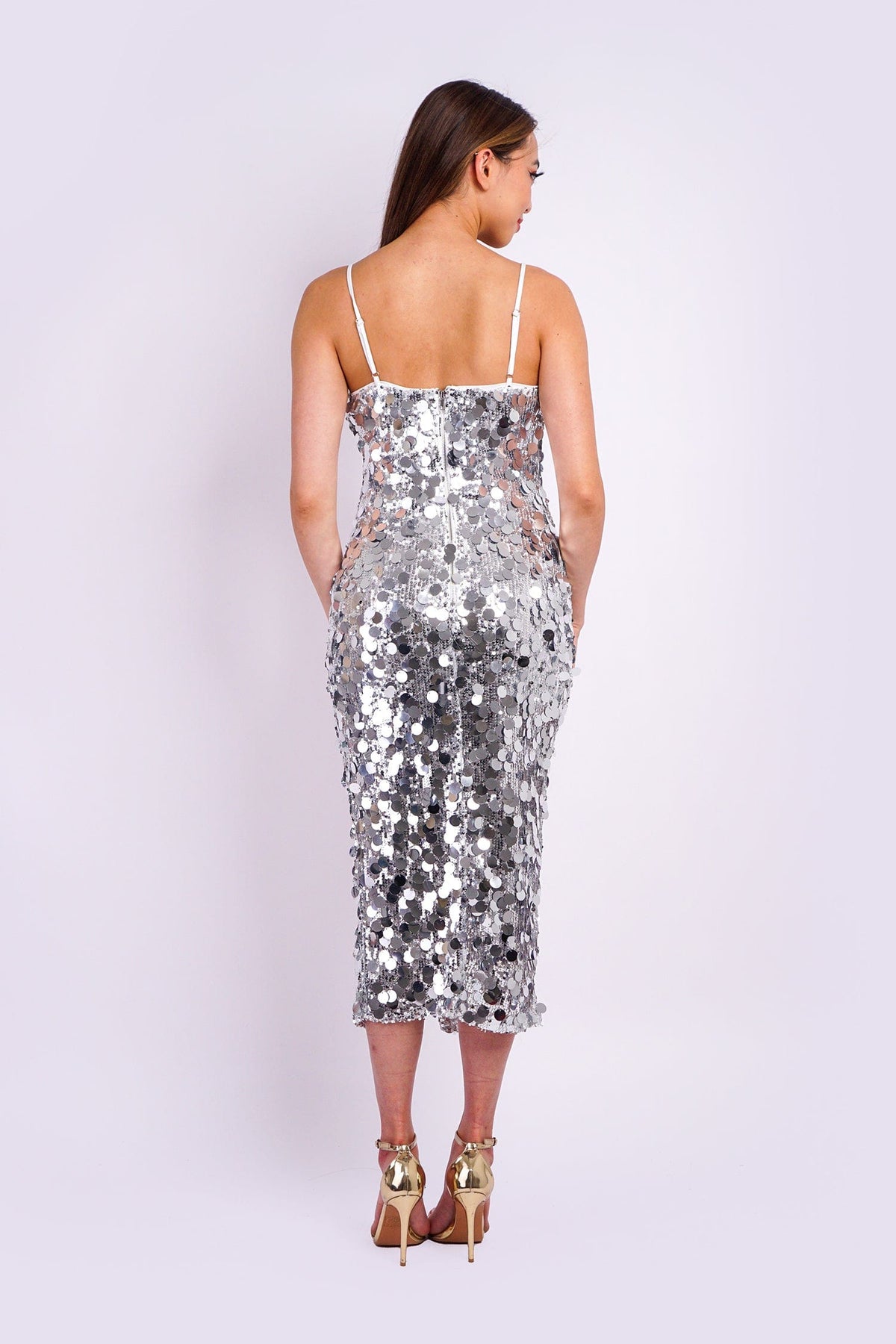 DCD DRESSES Silver Pailette Sequin Midi Dress