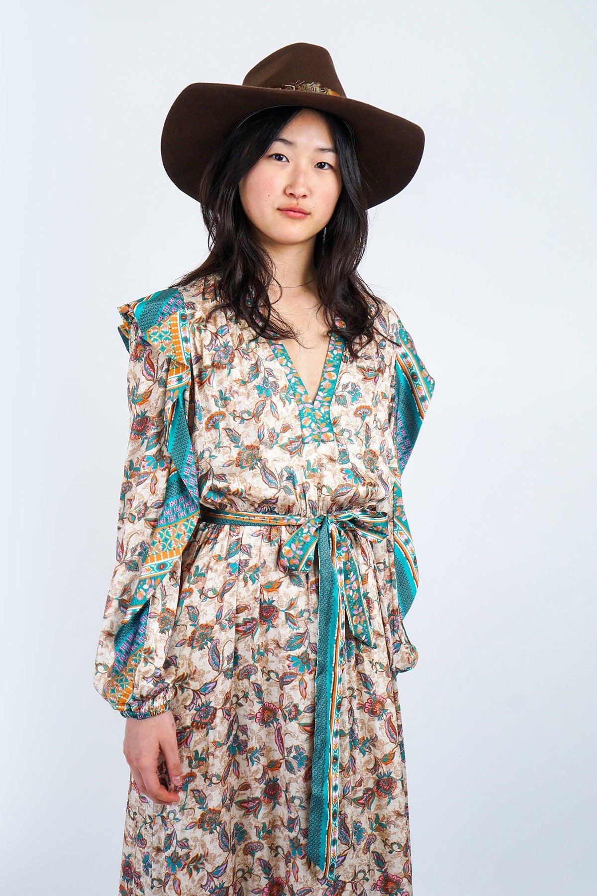 DCD DRESSES Tan and Teal Print Maxi Dress