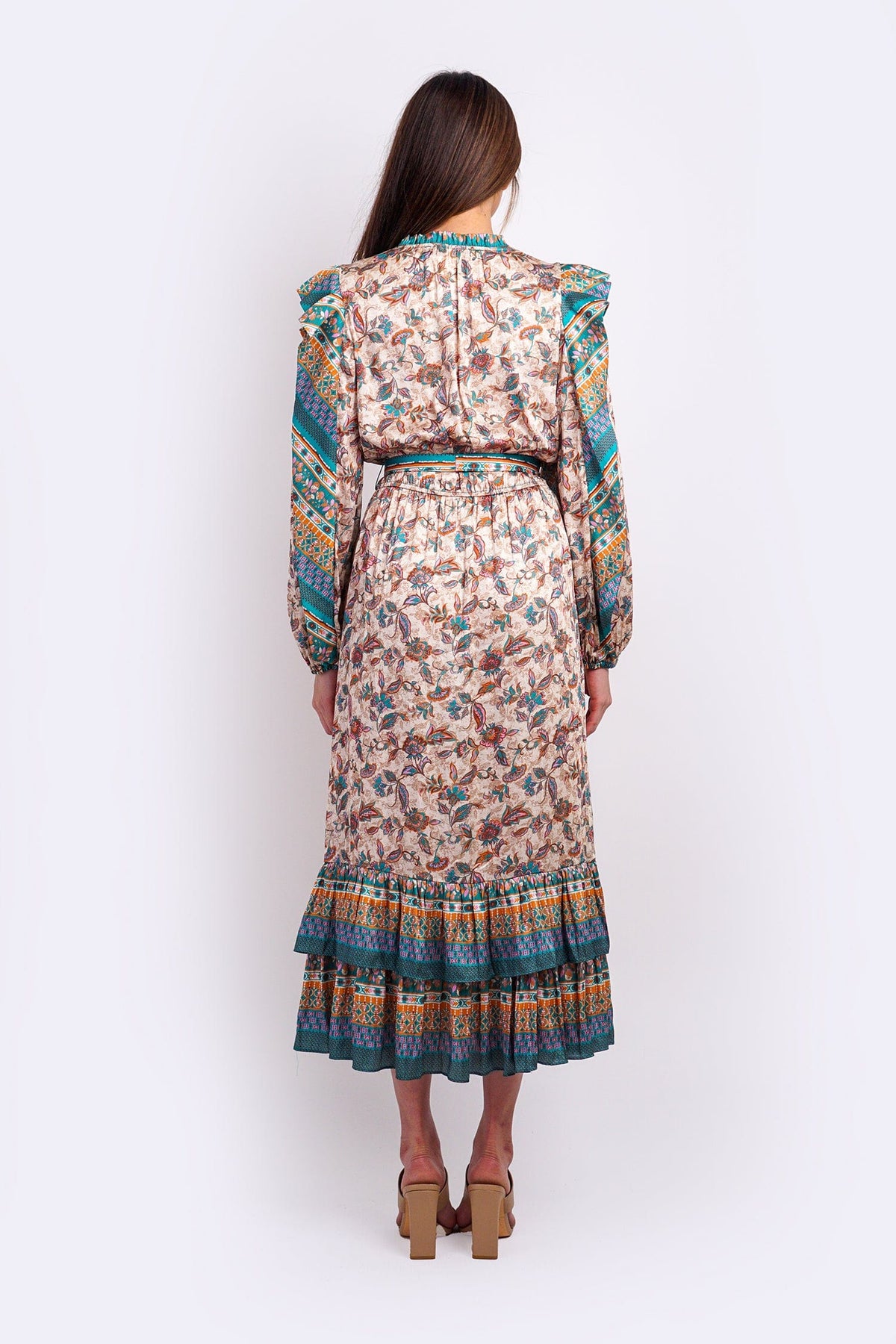 DCD DRESSES Tan and Teal V Print Maxi Dress