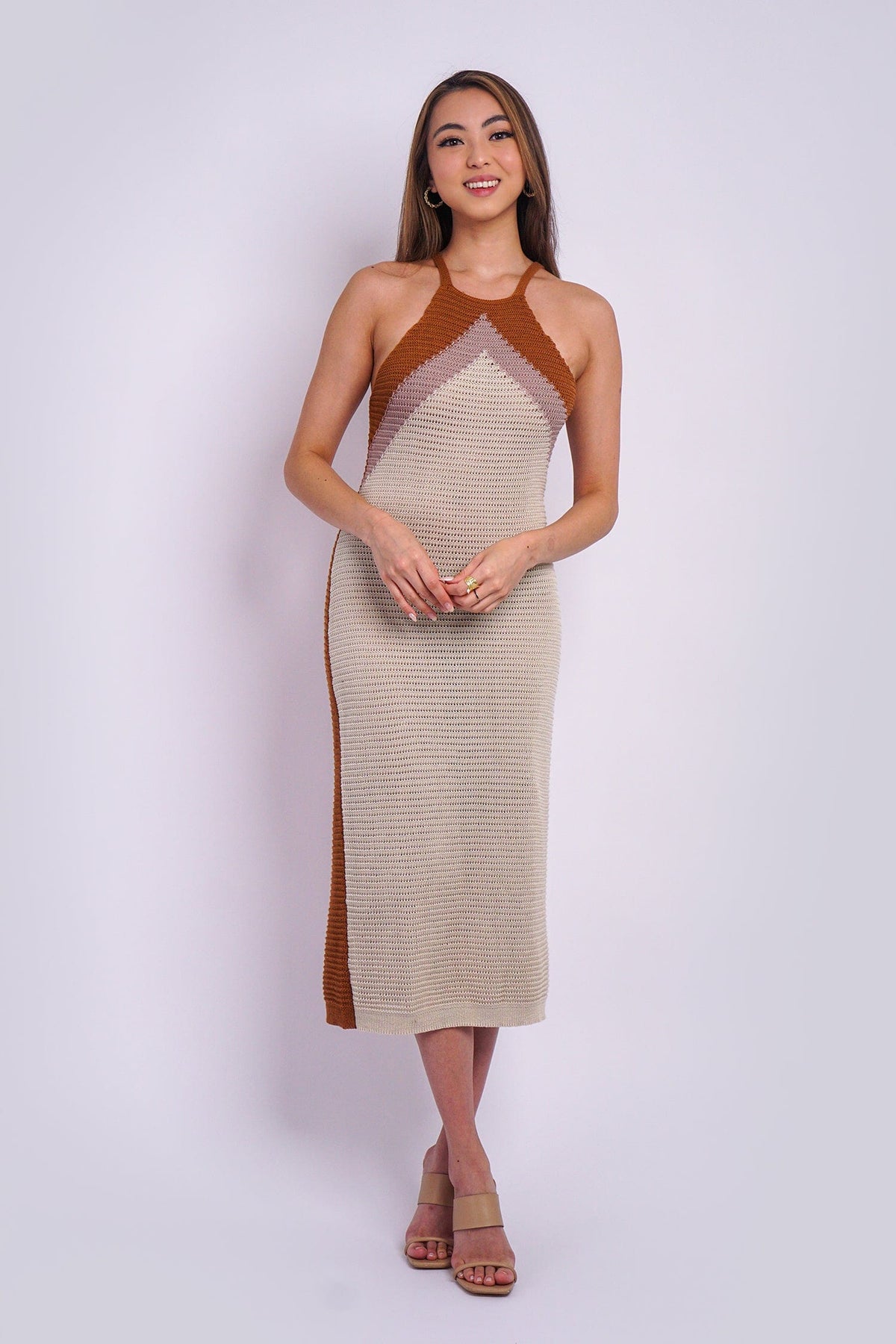 DCD Dresses Tan Ivory Knit  Slip Dress