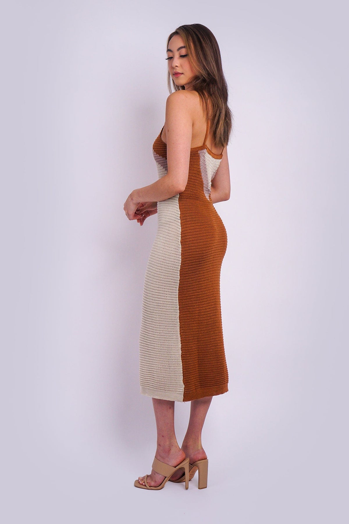 DCD Dresses Tan Ivory Knit  Slip Dress