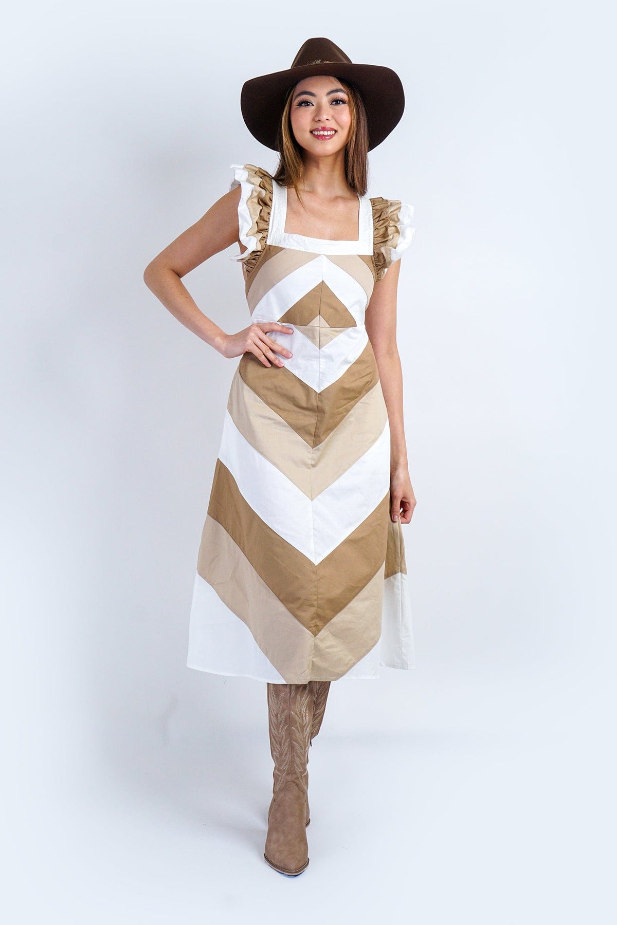 DCD DRESSES Tan/White/Beige Multi Line Print Midi Dress
