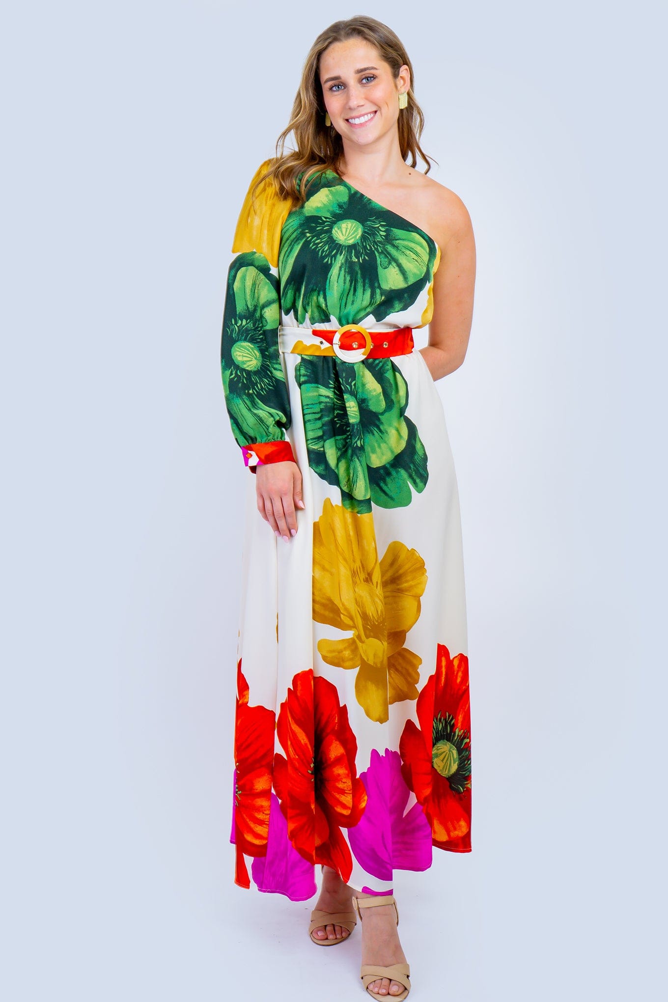 DCD DRESSES Tropical Floral One Shoulder Maxi Dress