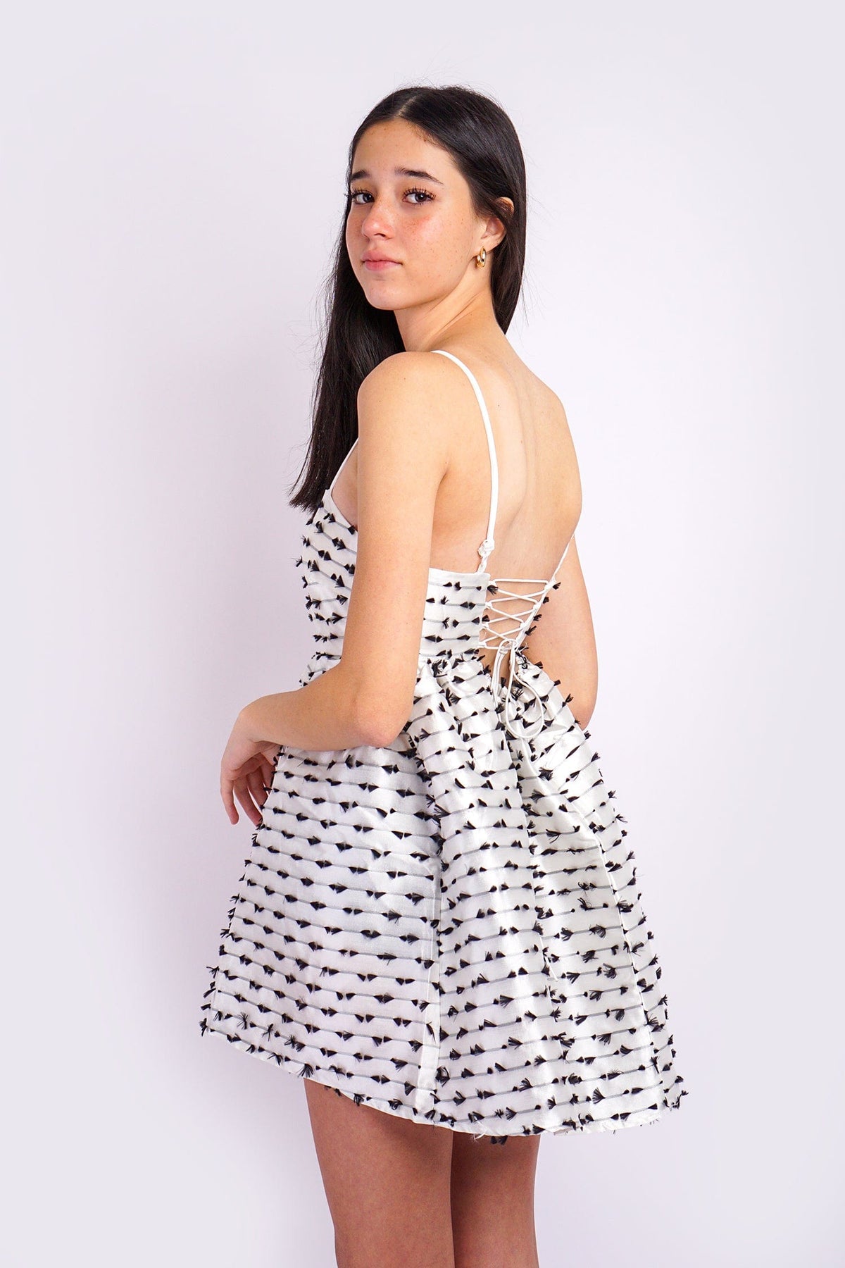 DCD DRESSES White/Black Texture Baby Doll Dress
