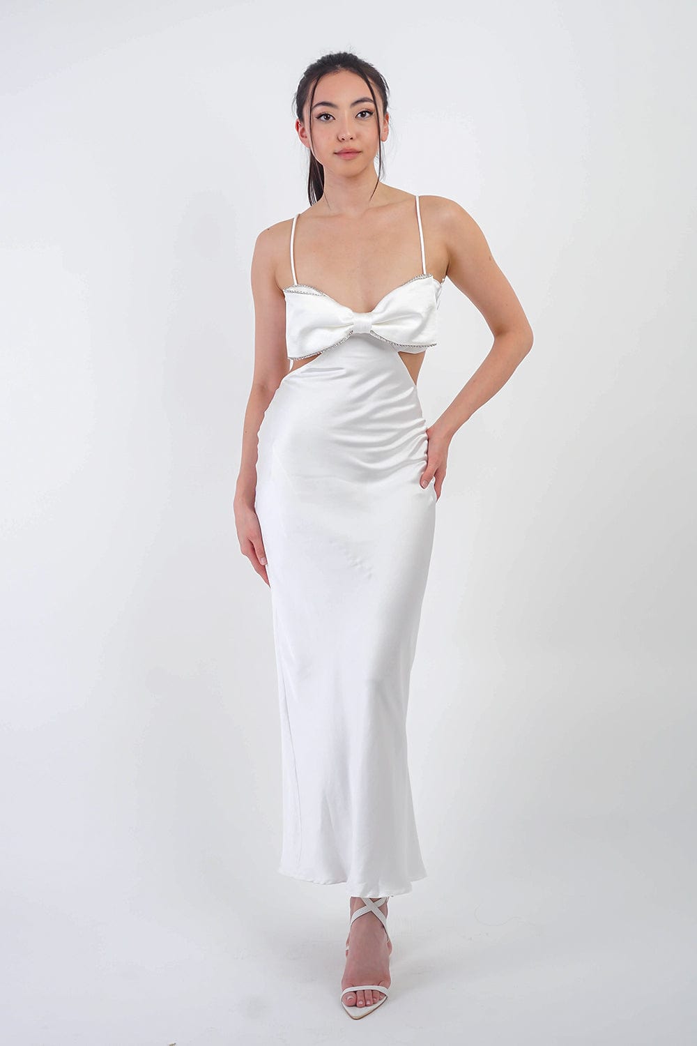 DCD DRESSES White Bow Cut Out Satin Maxi Dress