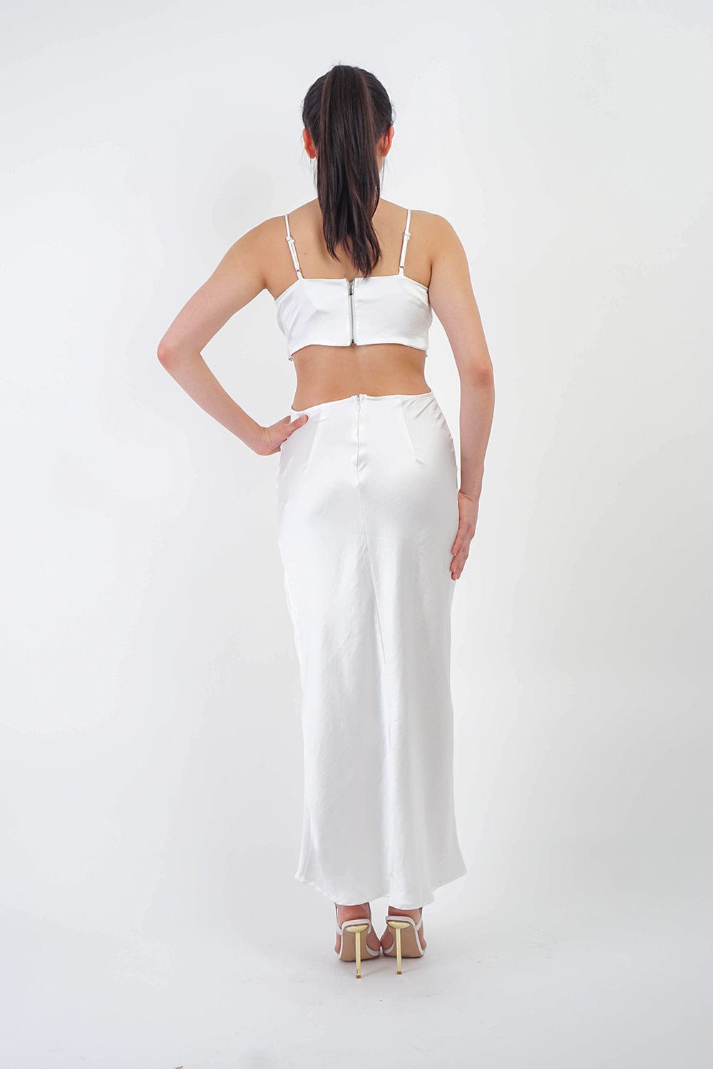 DCD DRESSES White Bow Cut Out Satin Maxi Dress