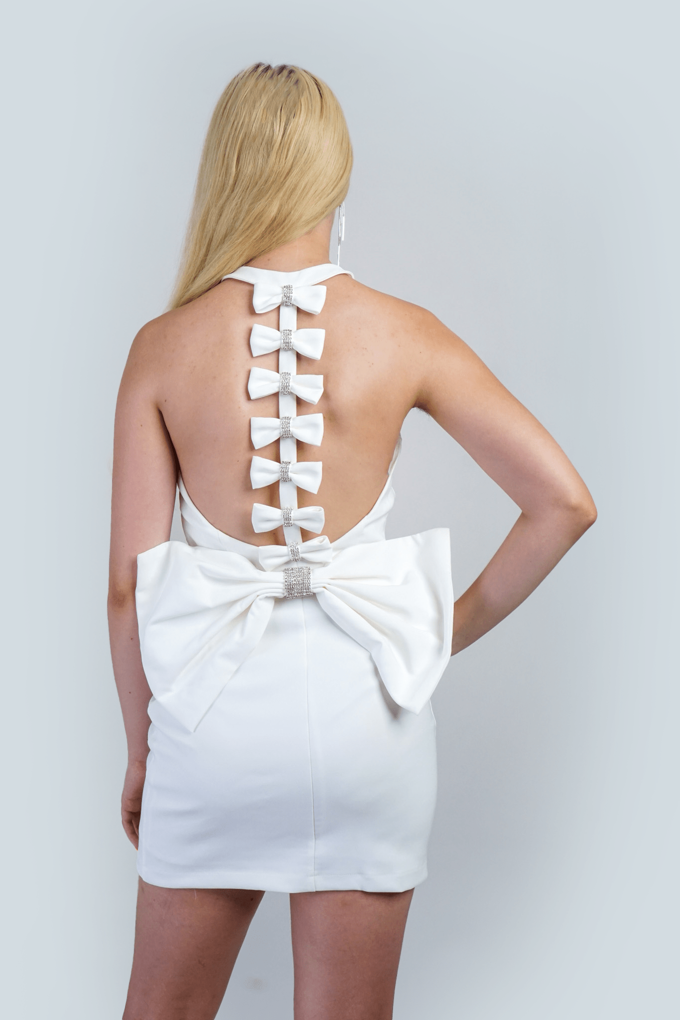 DCD DRESSES White Corset Halter Back Bows Rhinestone Mini Dress
