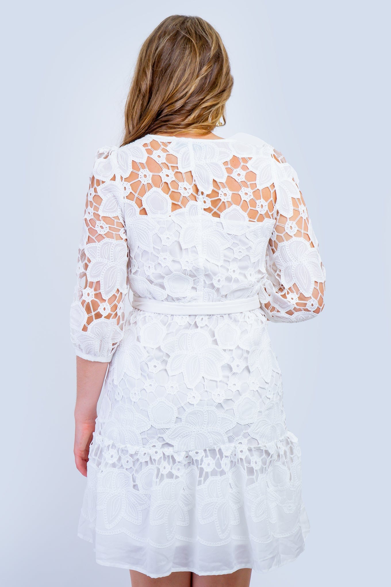 DCD DRESSES White Crochet Belt Flared Dress